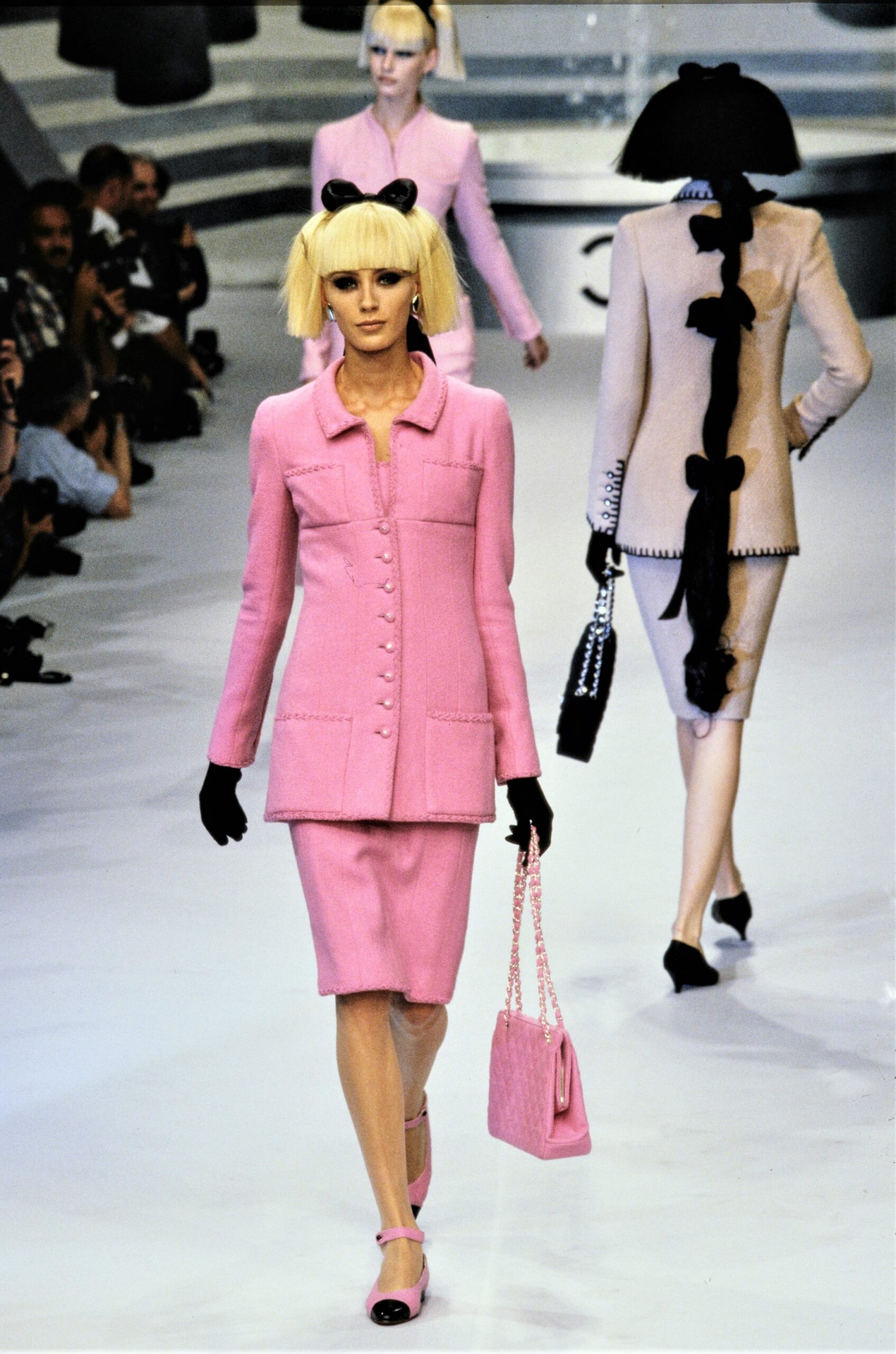 pink tweed blazer and skirt