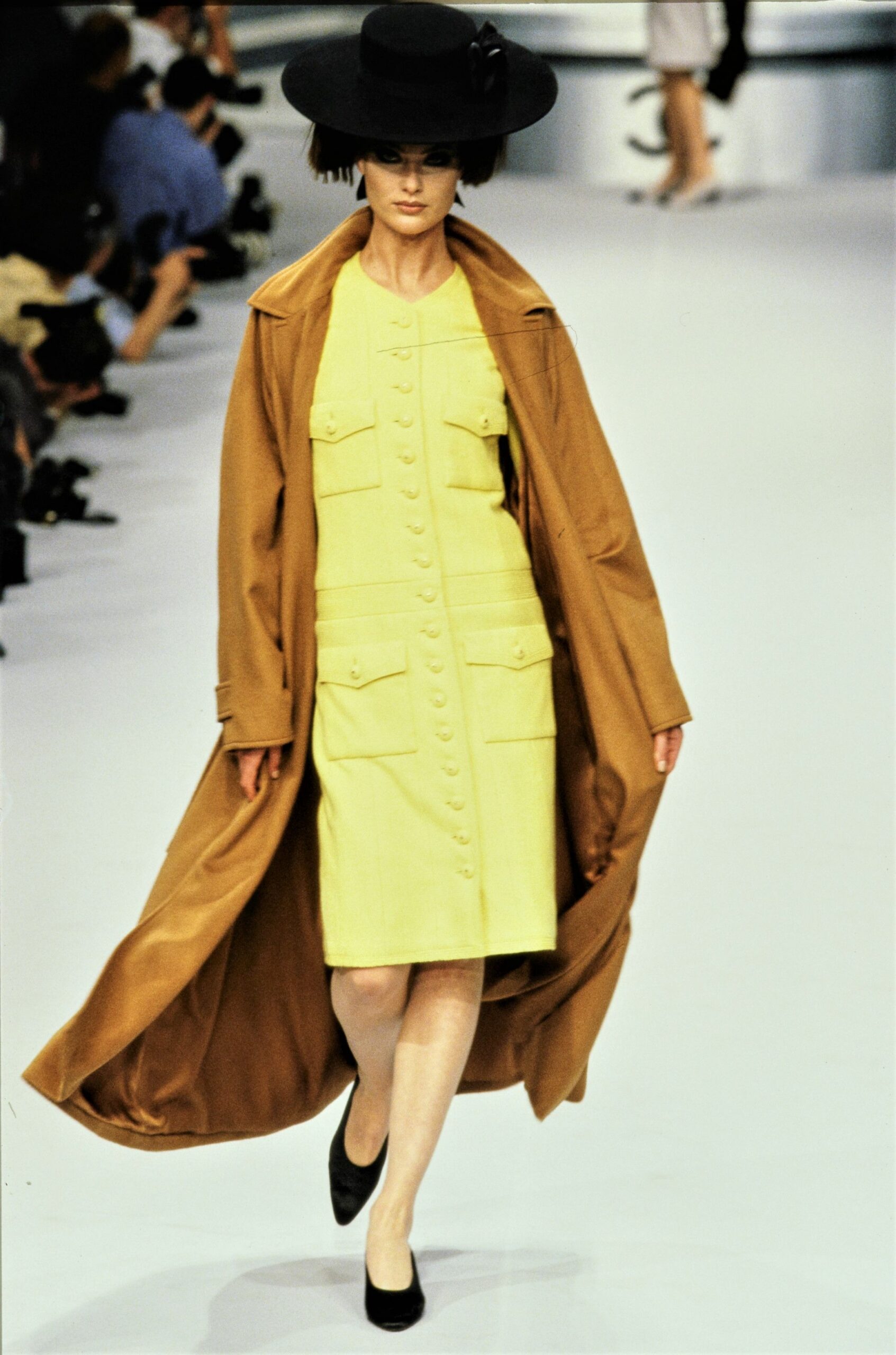 brown coat yellow midi dress