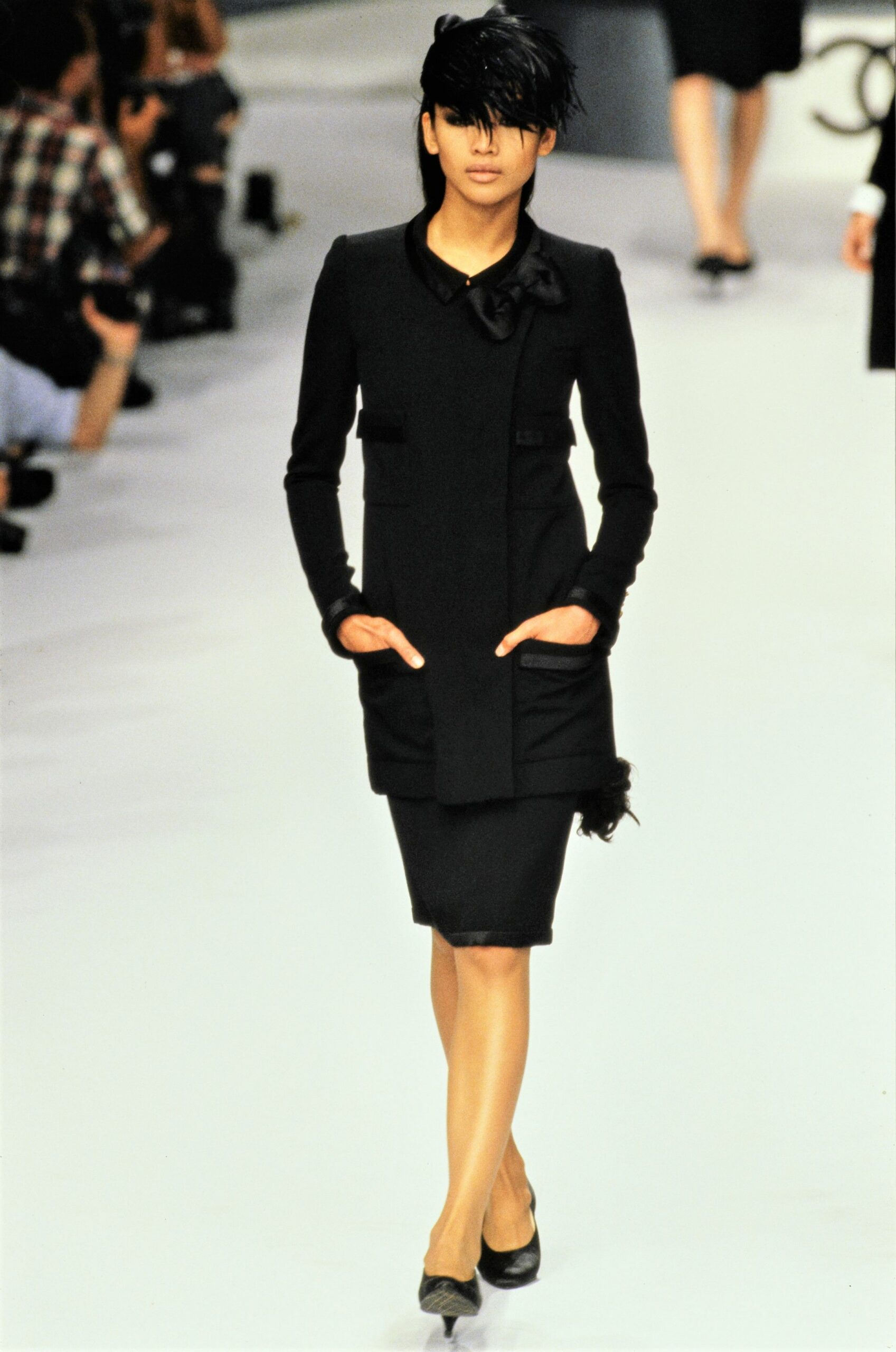 black wool coat and pencil skirt