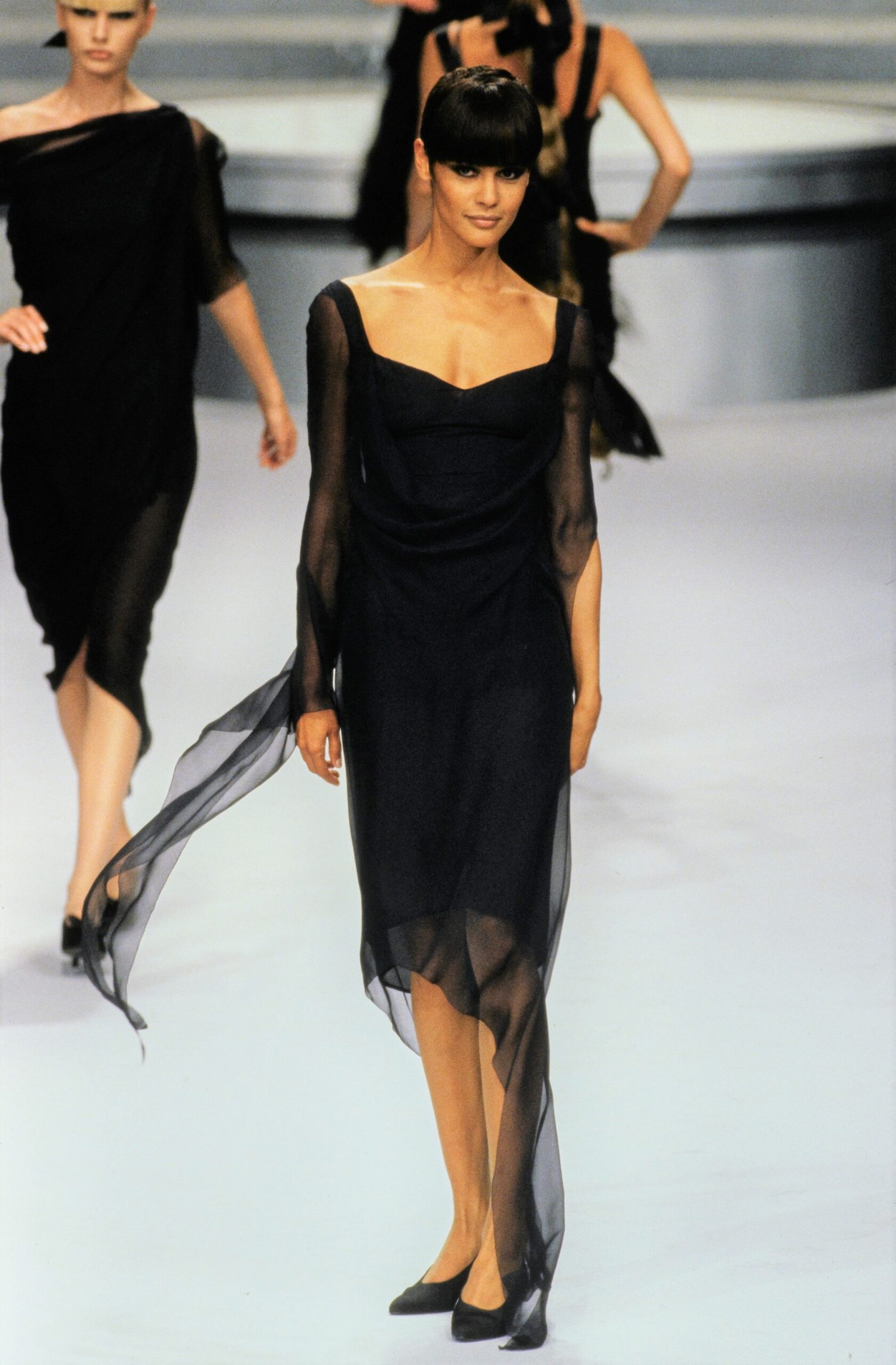 black silk draped midi dress