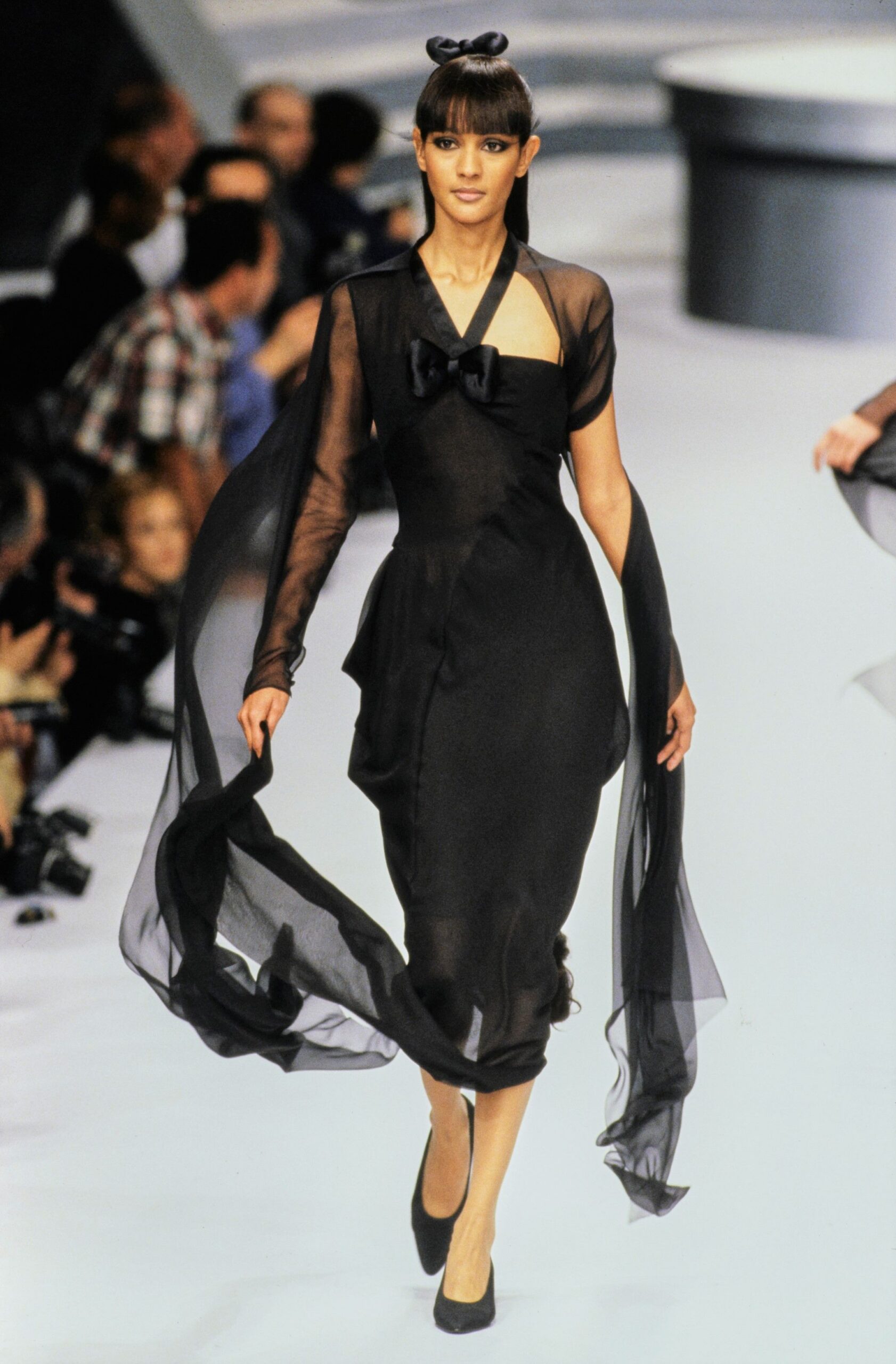 black silk draped midi dress