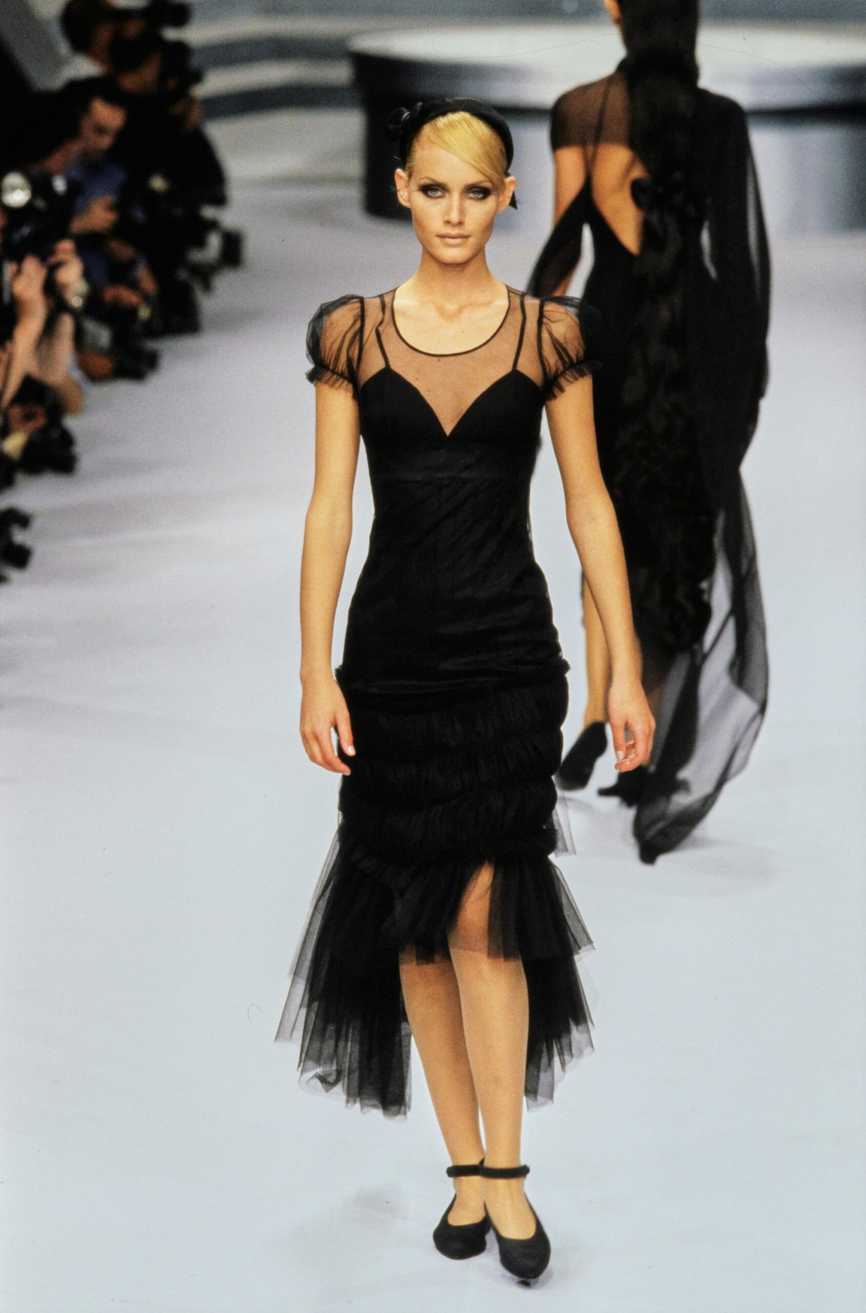 black fitted midi dress with tulle