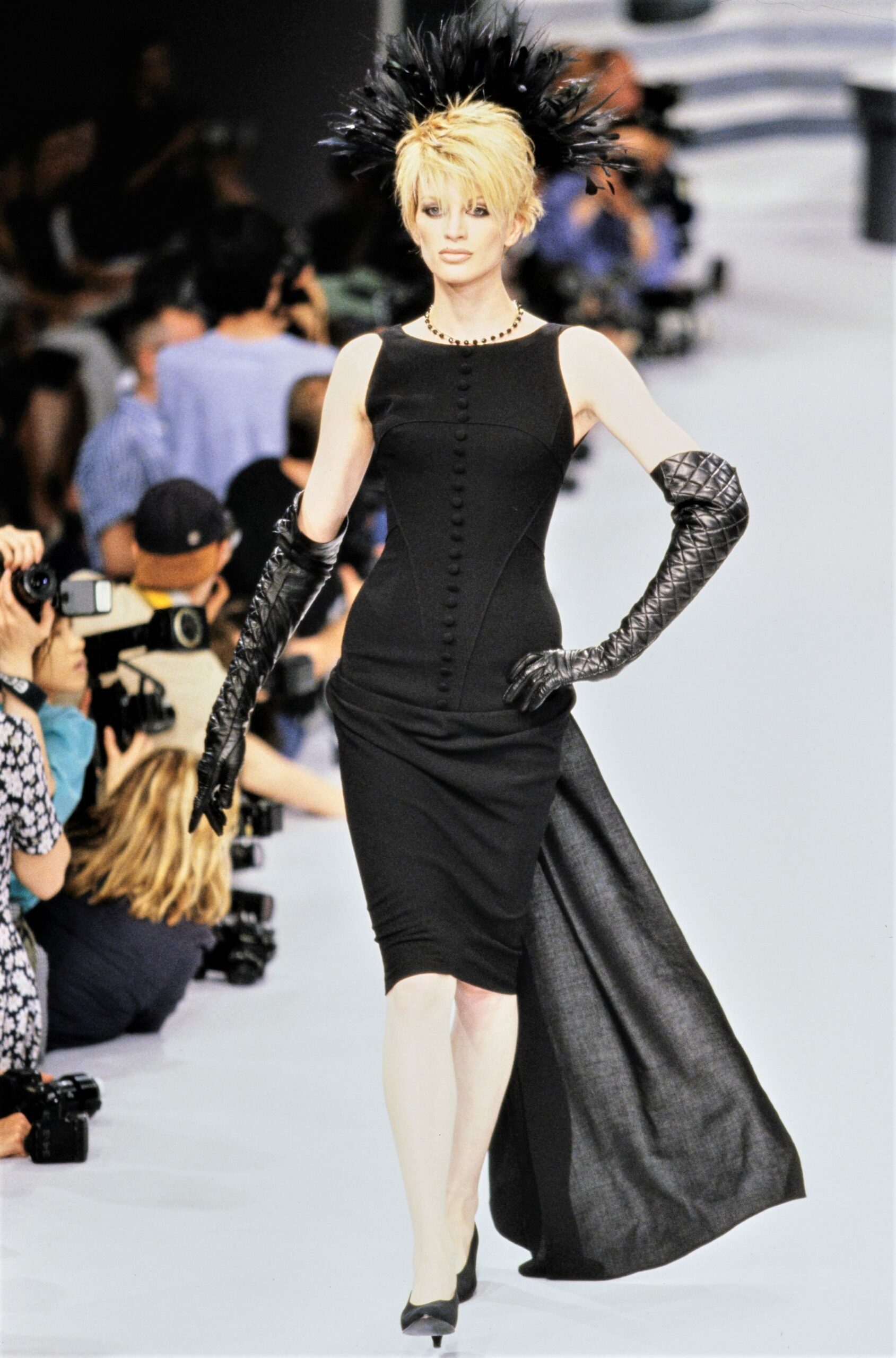 black fitted midi dress with gloves