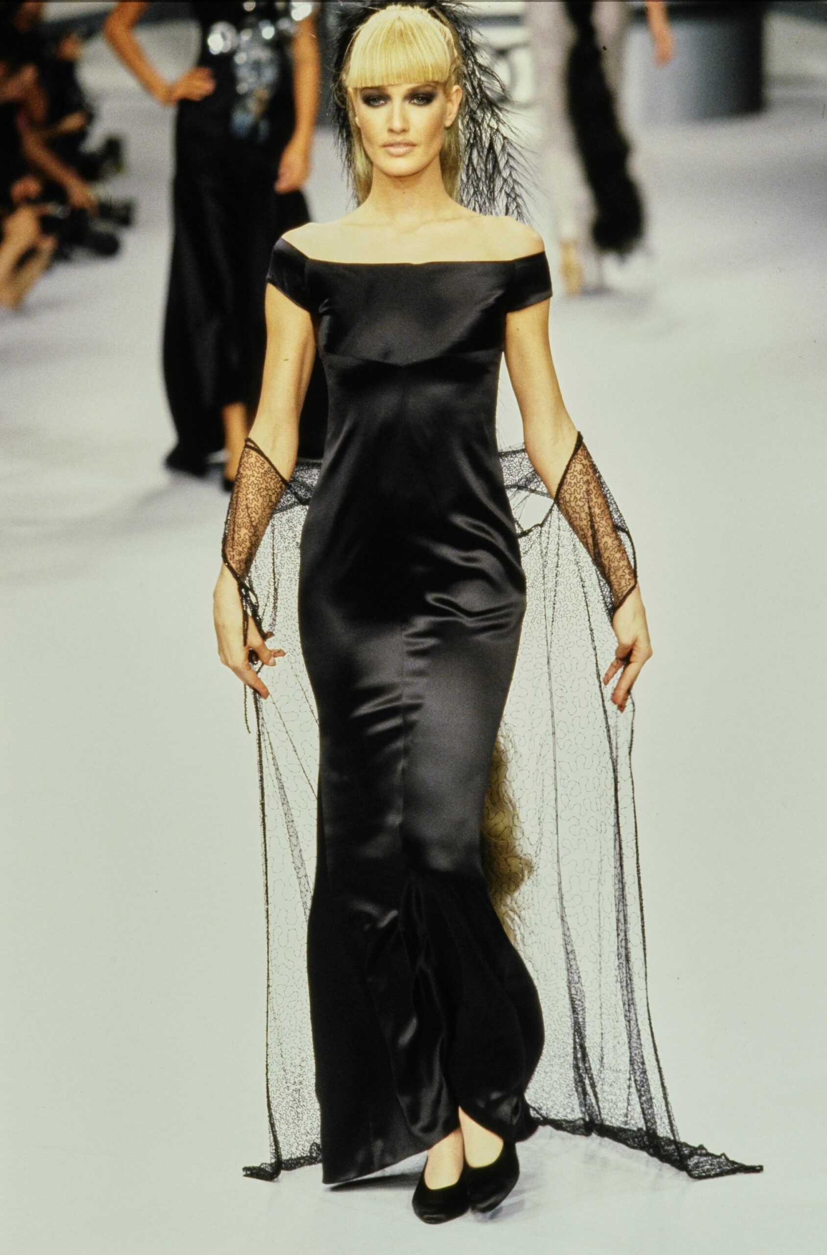 black silk off-shoulder gown