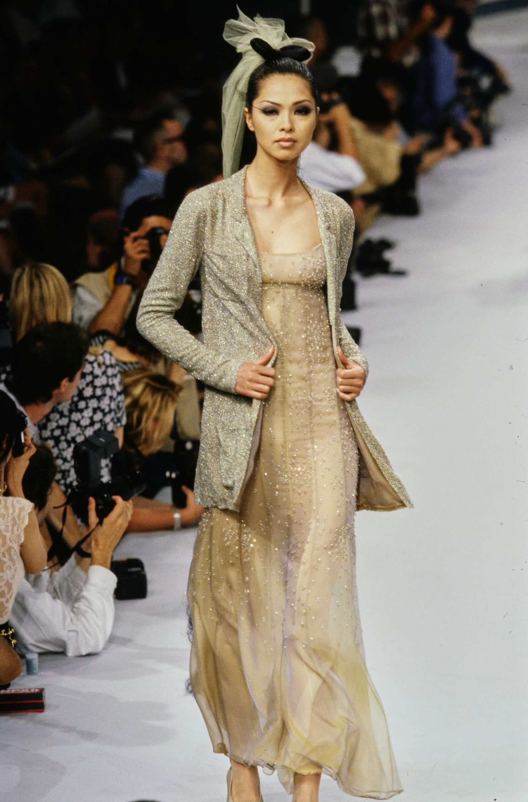 beige embellished maxi dress with cardigan