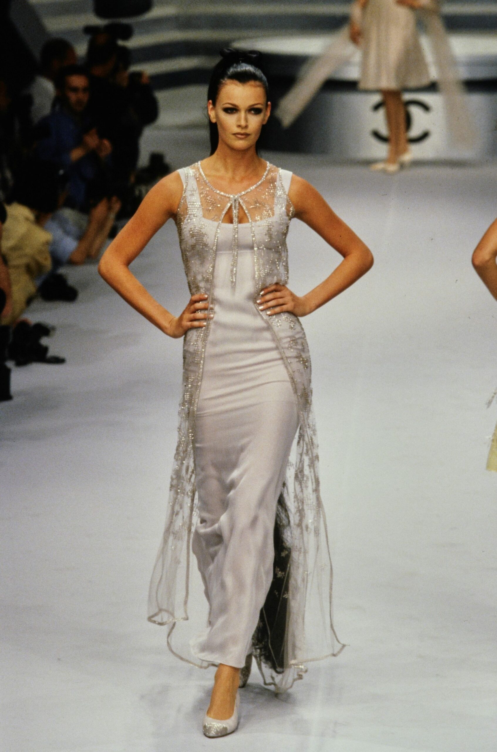 white silk embroidered gown