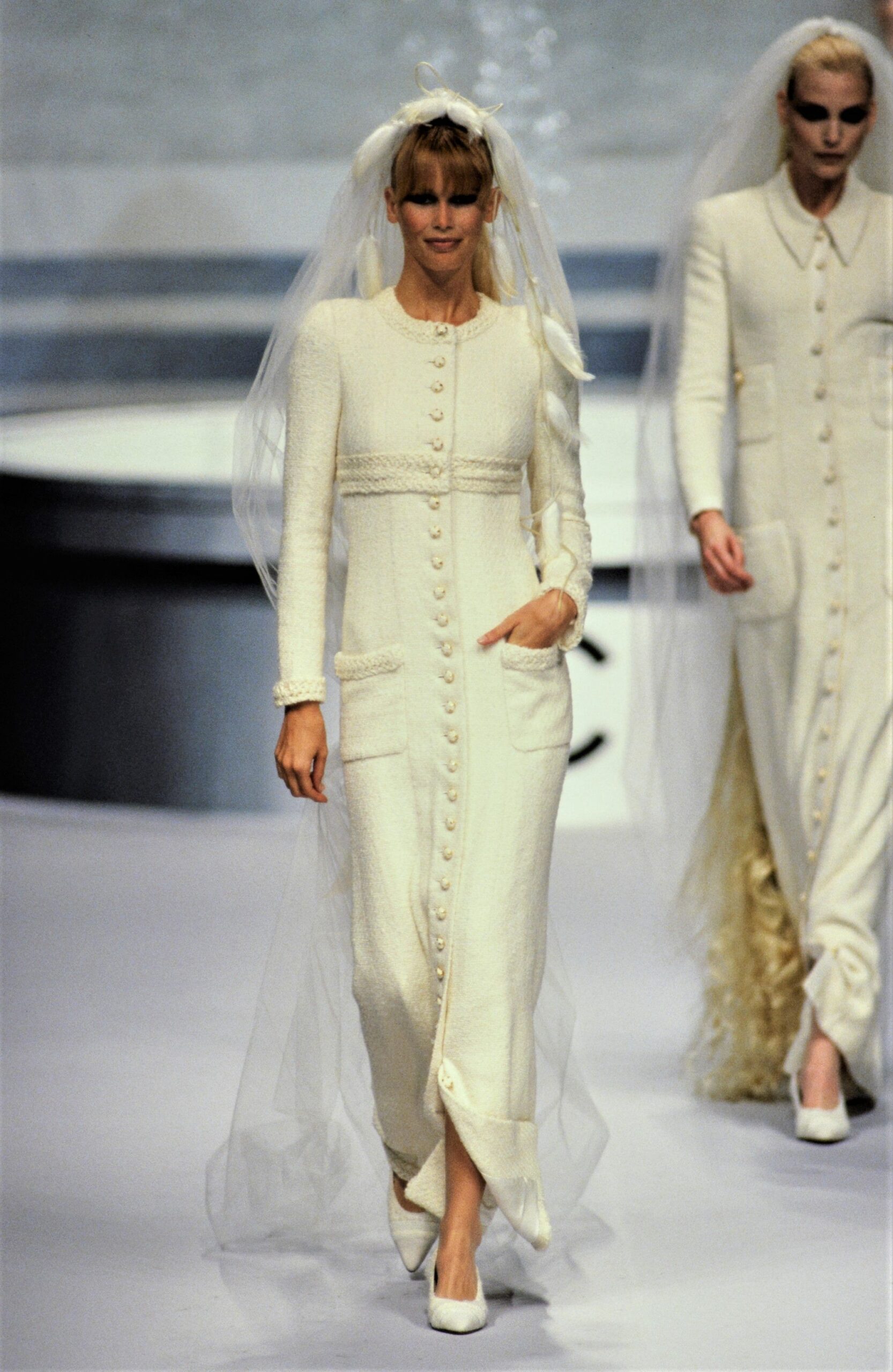 white long-sleeve gown with buttons