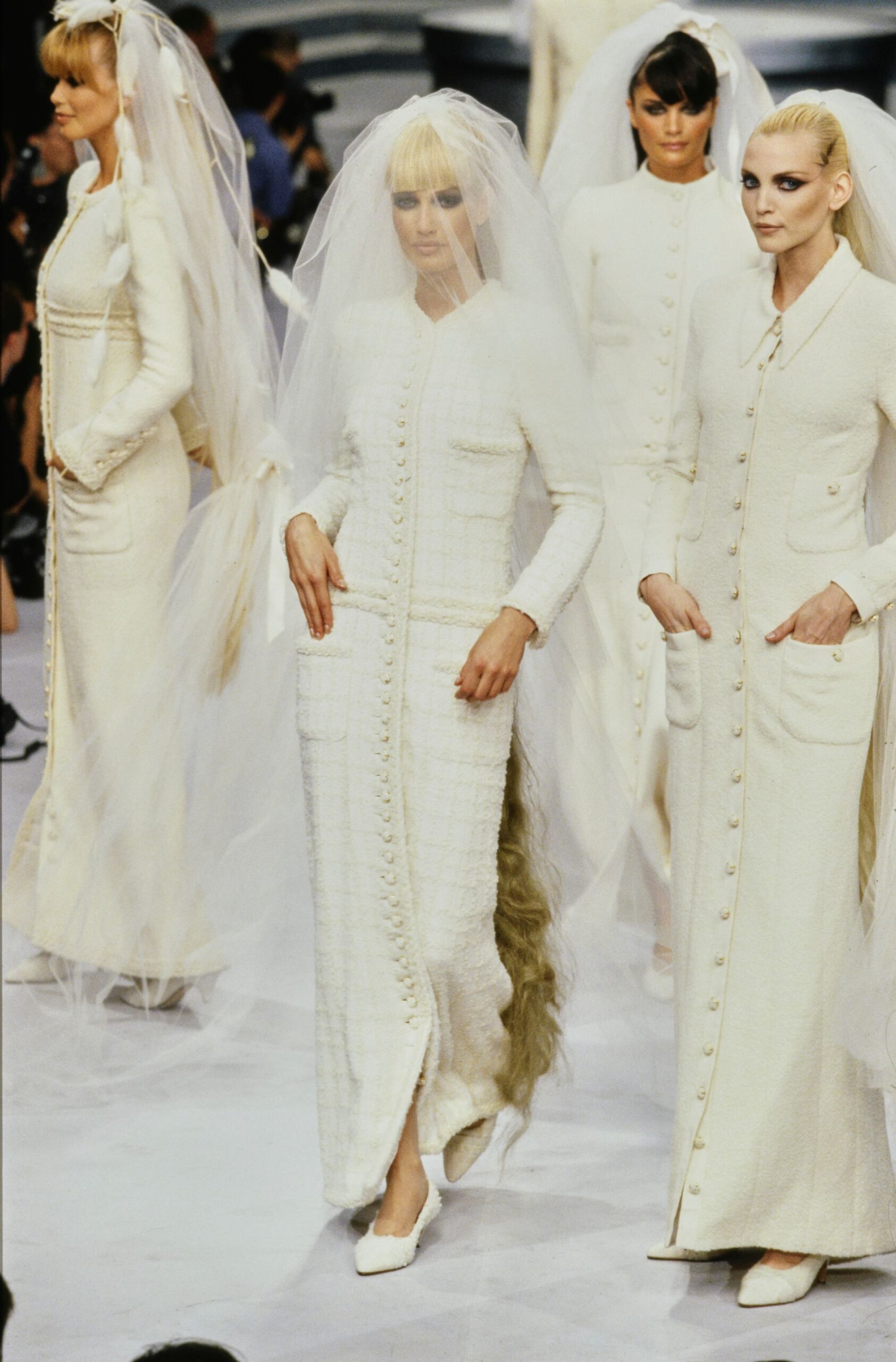 white tweed fitted gown