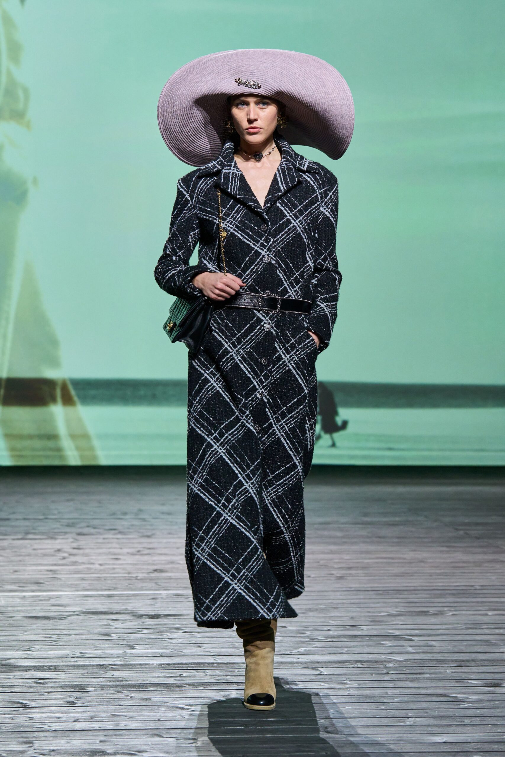 checked wool maxi coat with hat