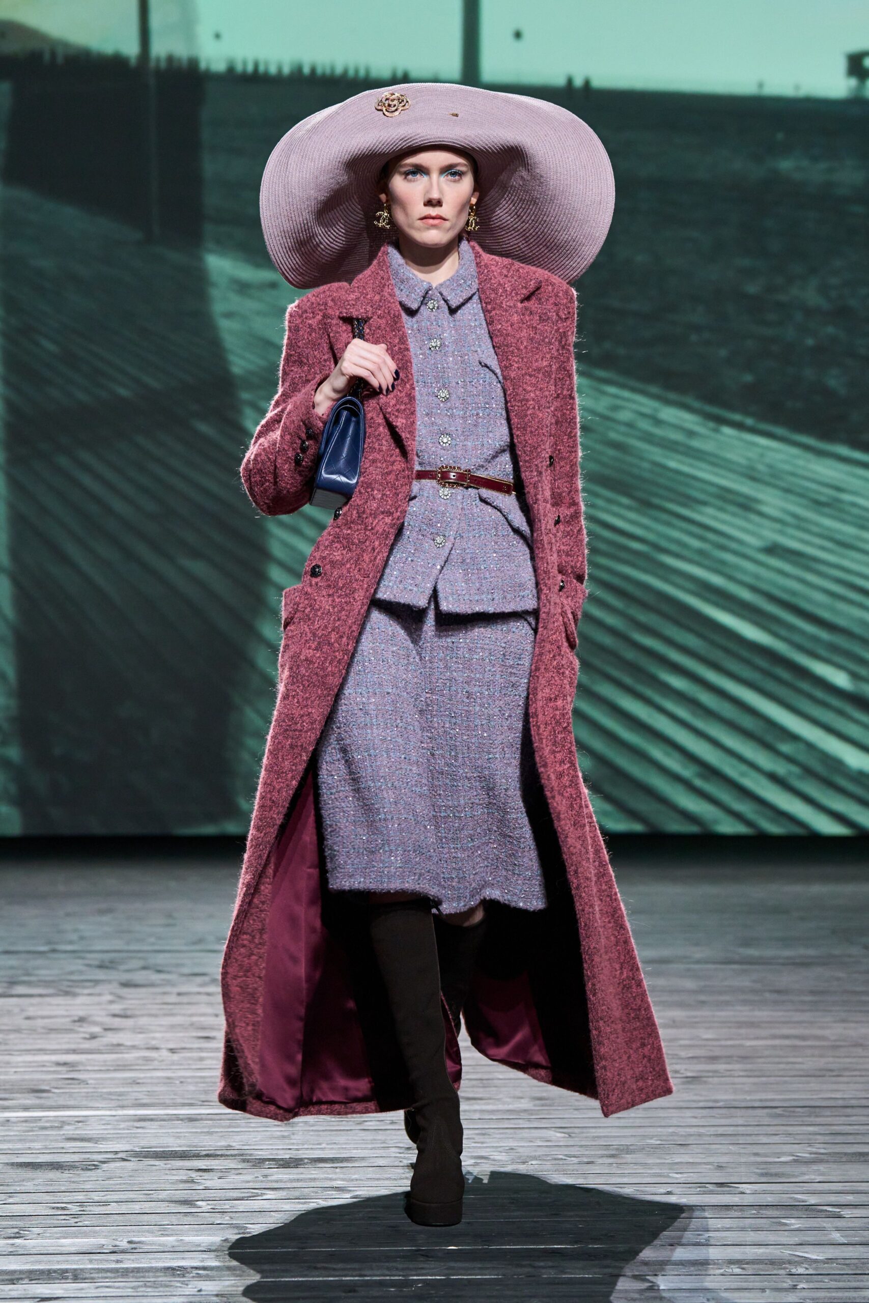 pink wool coat with blue blouse
