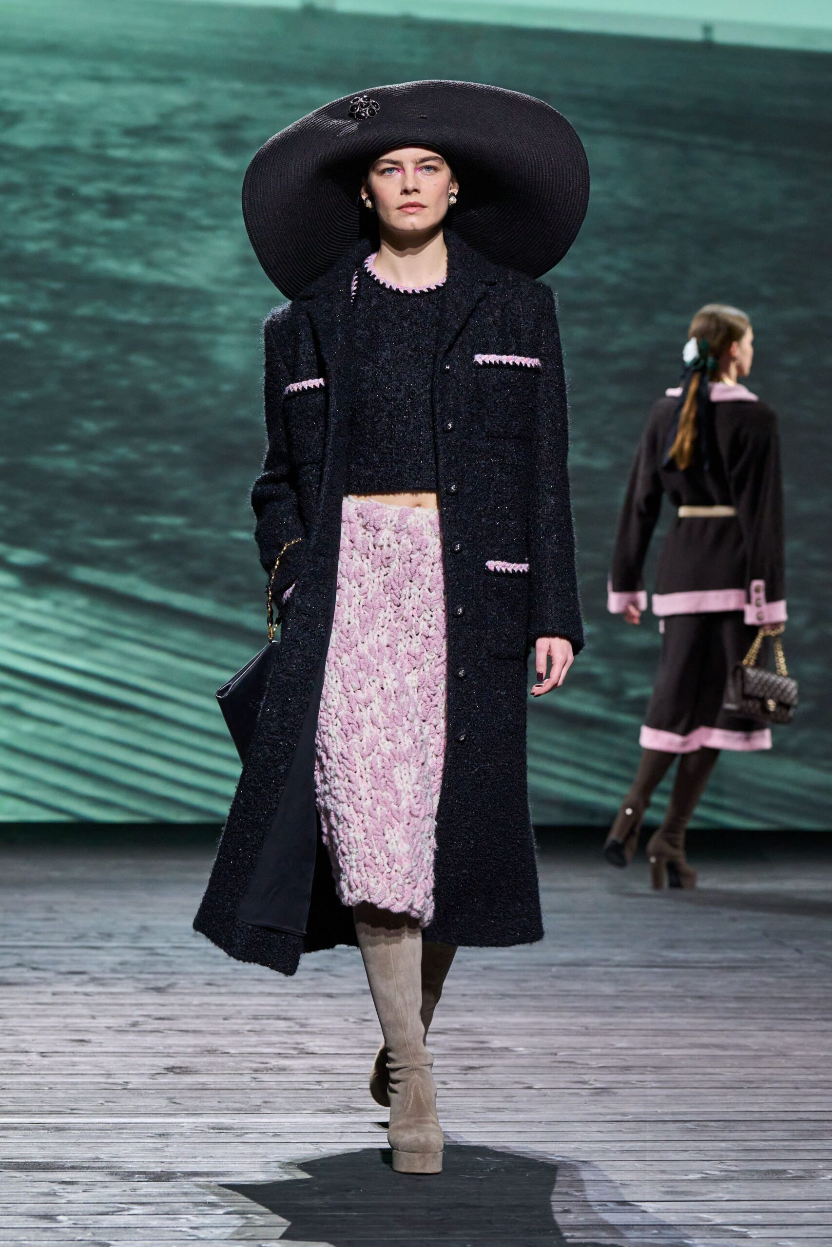 black wool coat with pink skirt