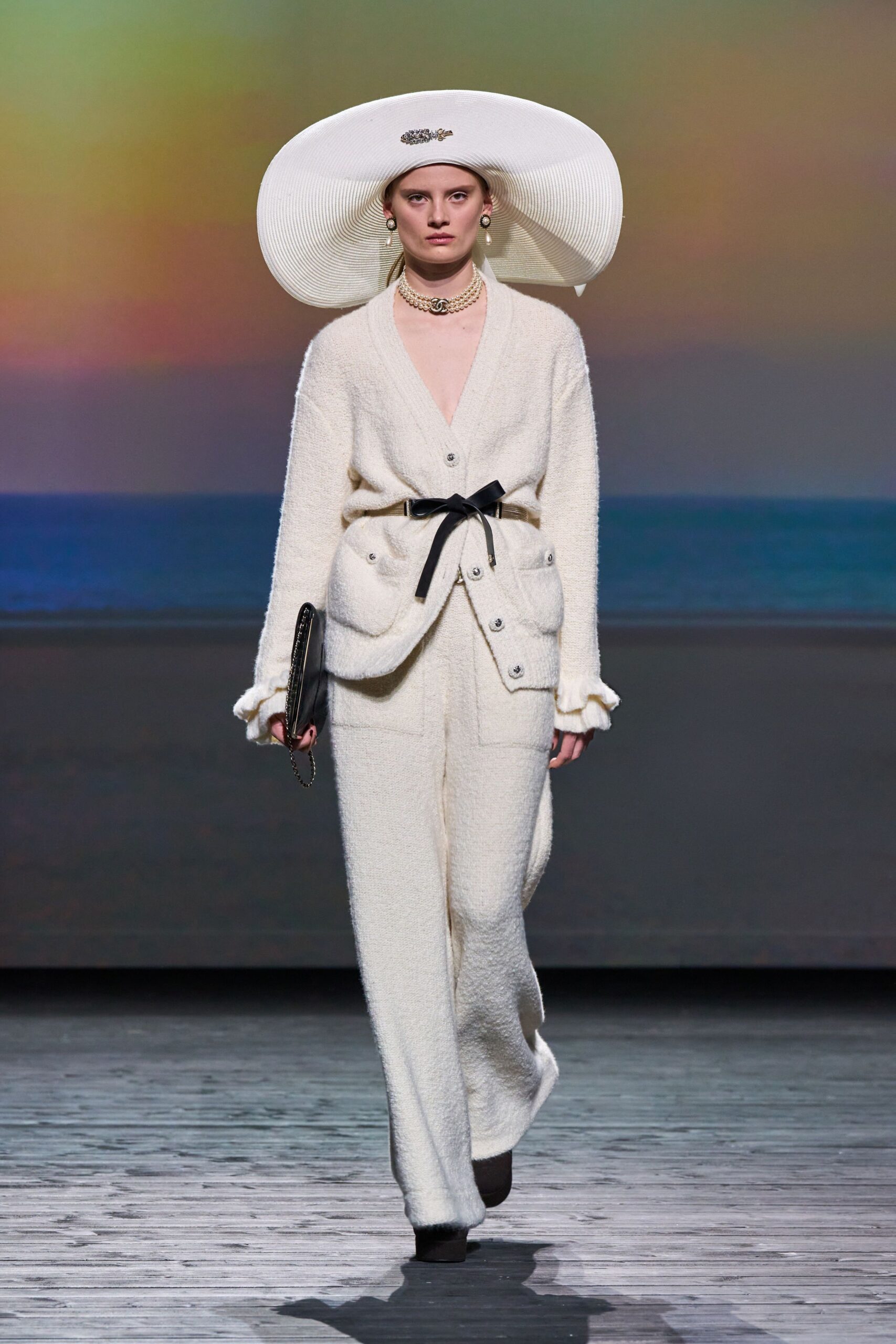 white wool cardigan and pants