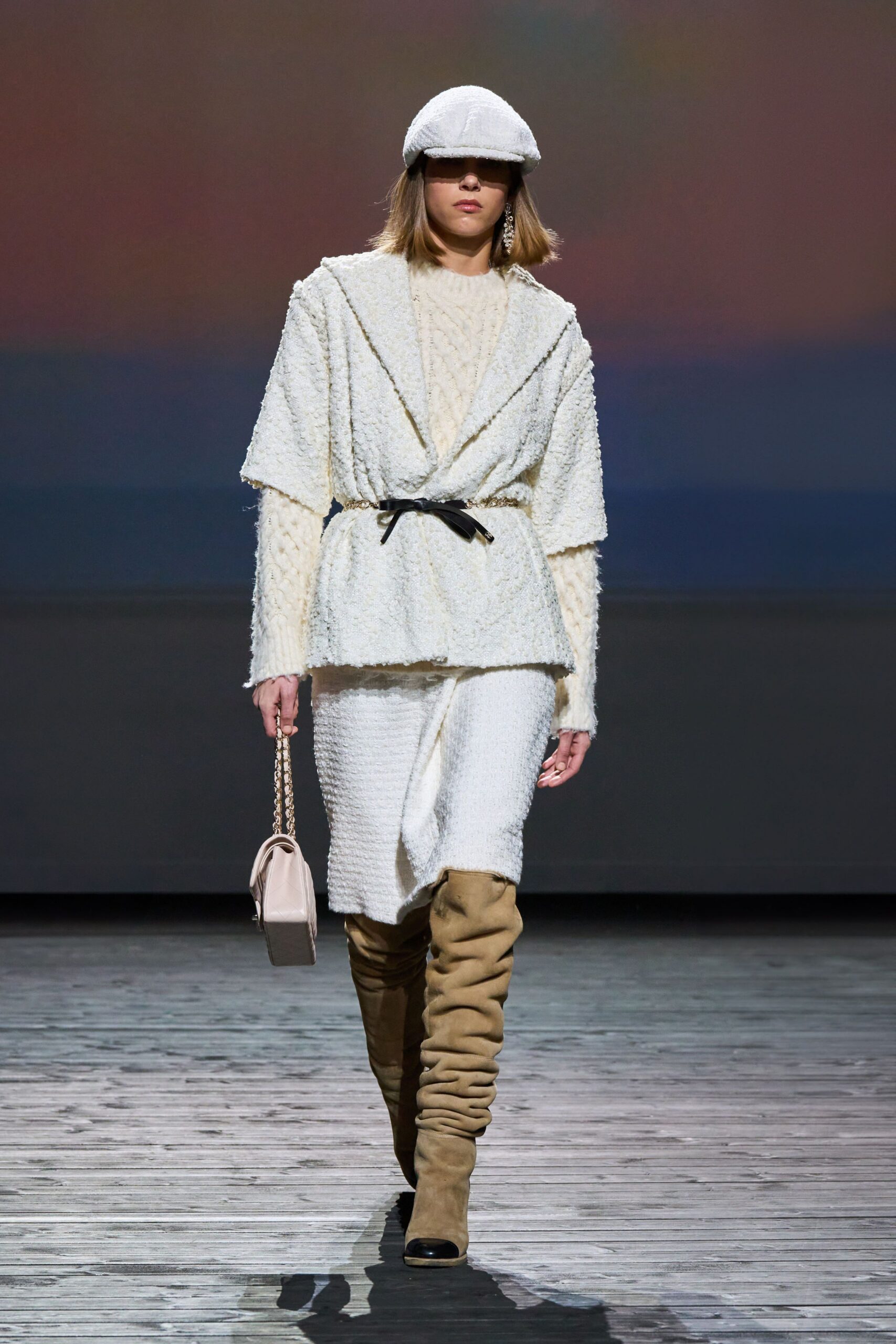 white tweed coat and skirt