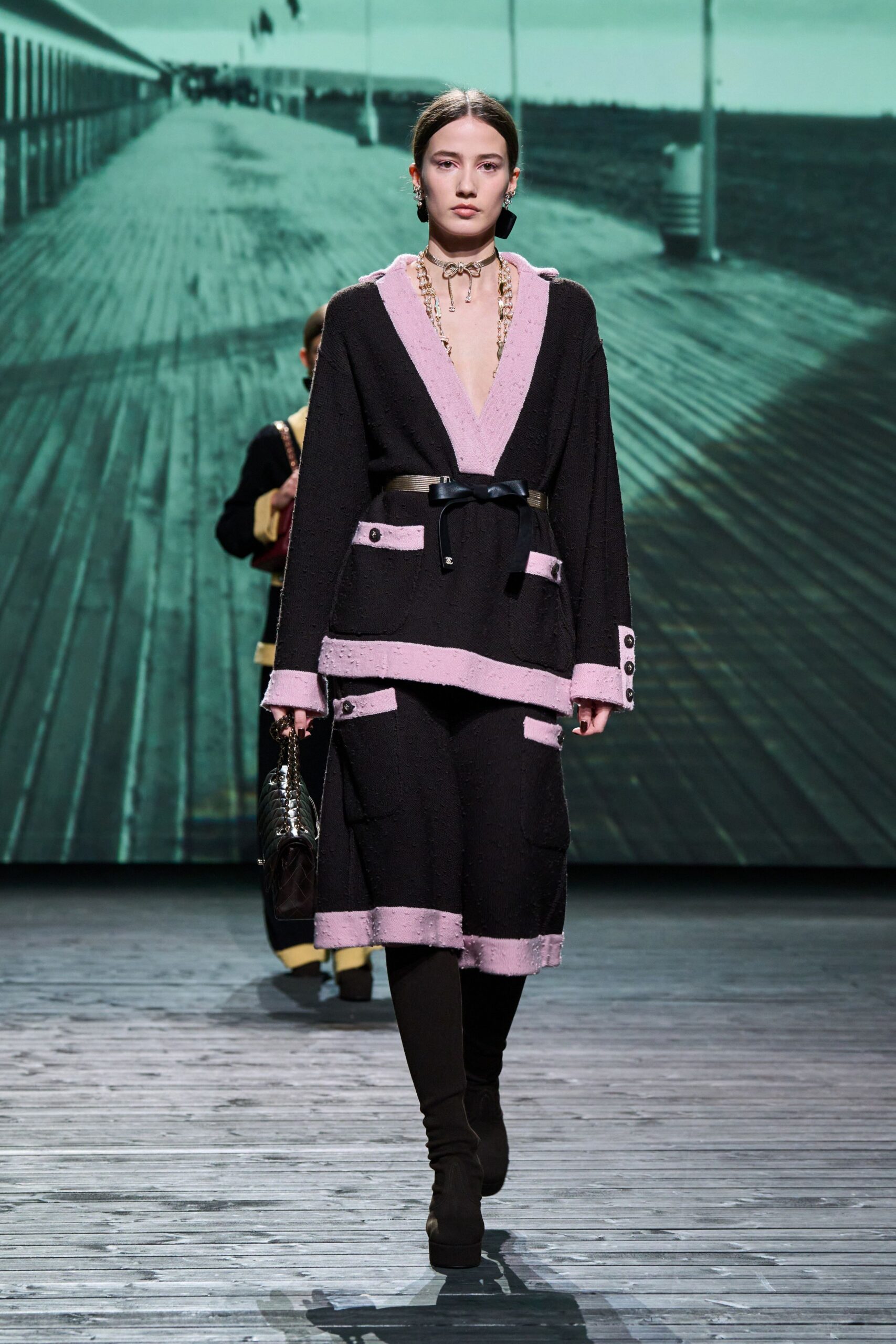 black and pink wool coat