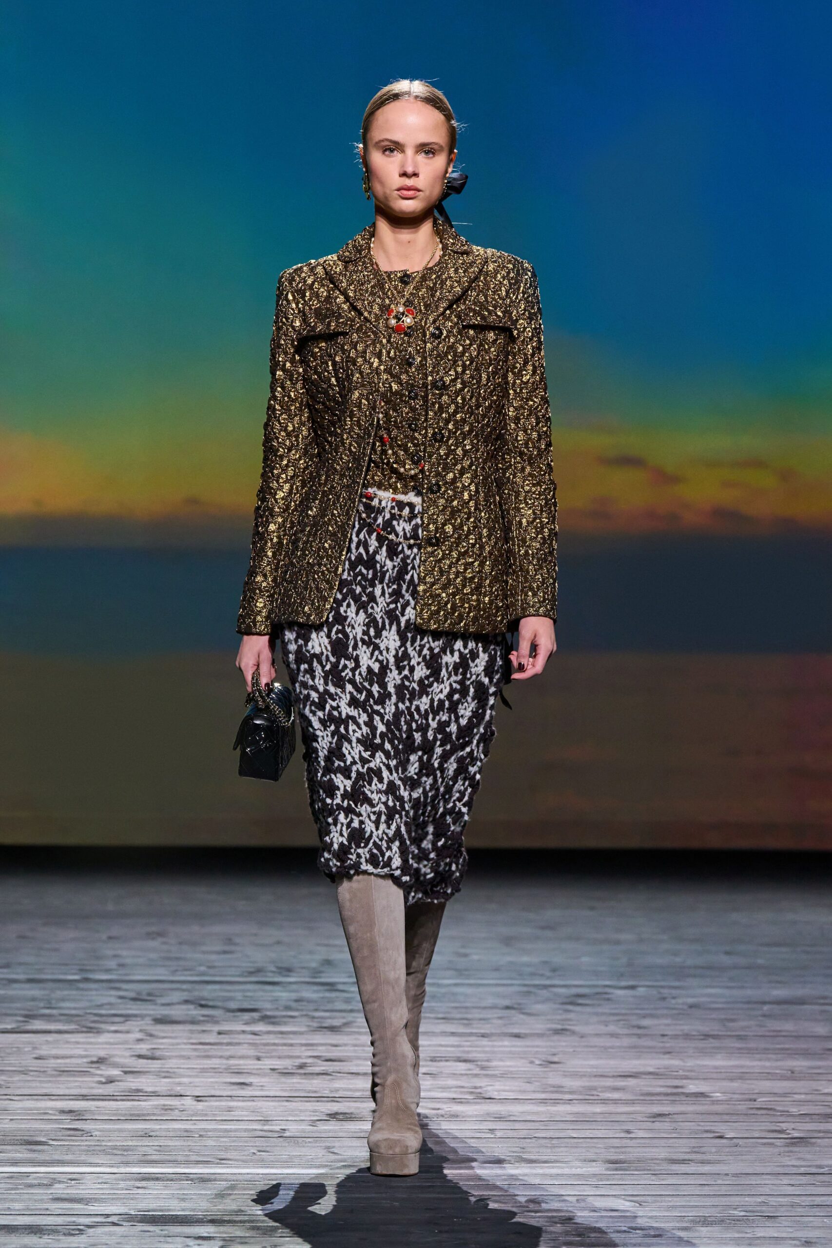 gold brocade jacket with printed skirt