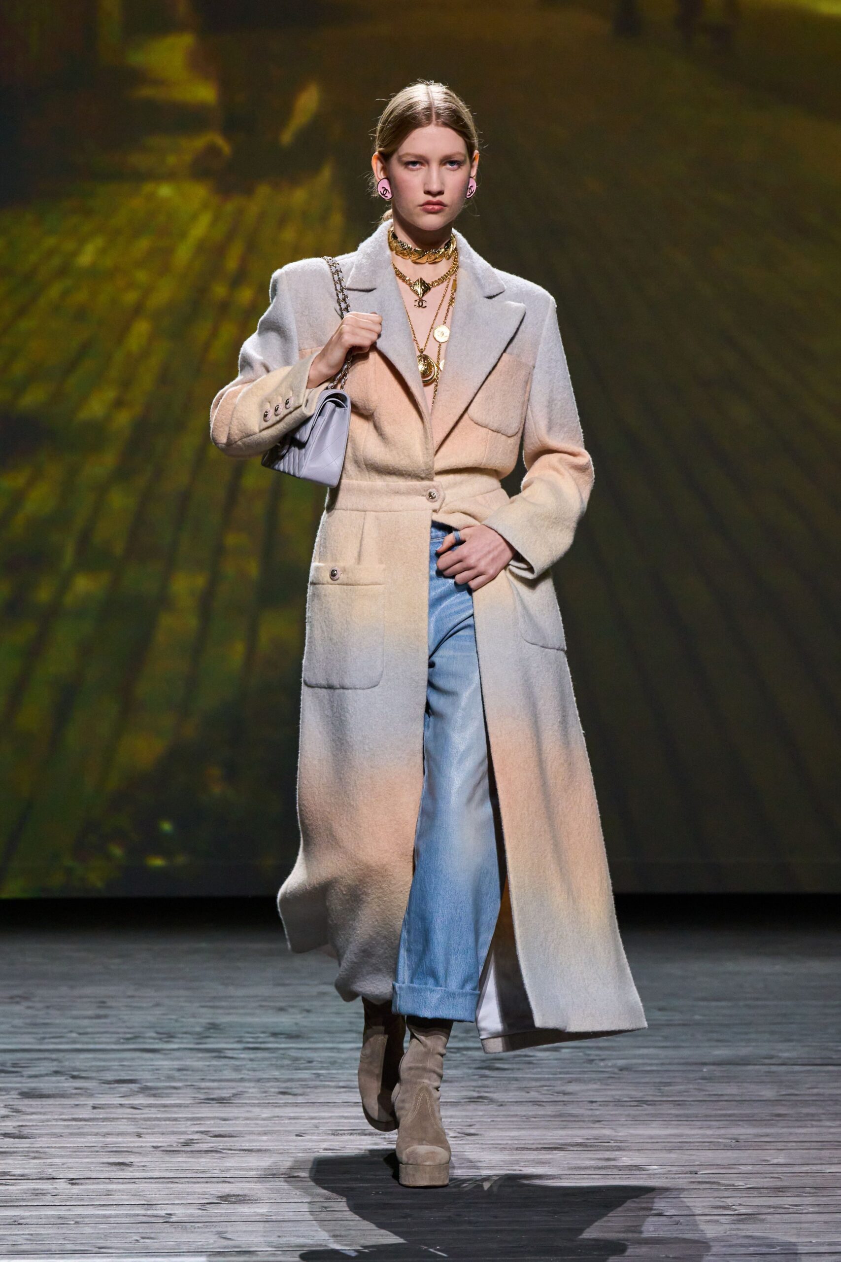 beige wool coat with denim pants