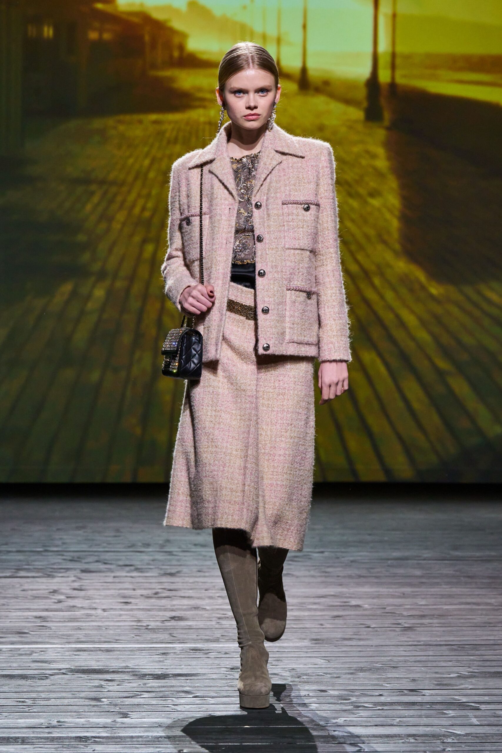 pink tweed jacket and skirt