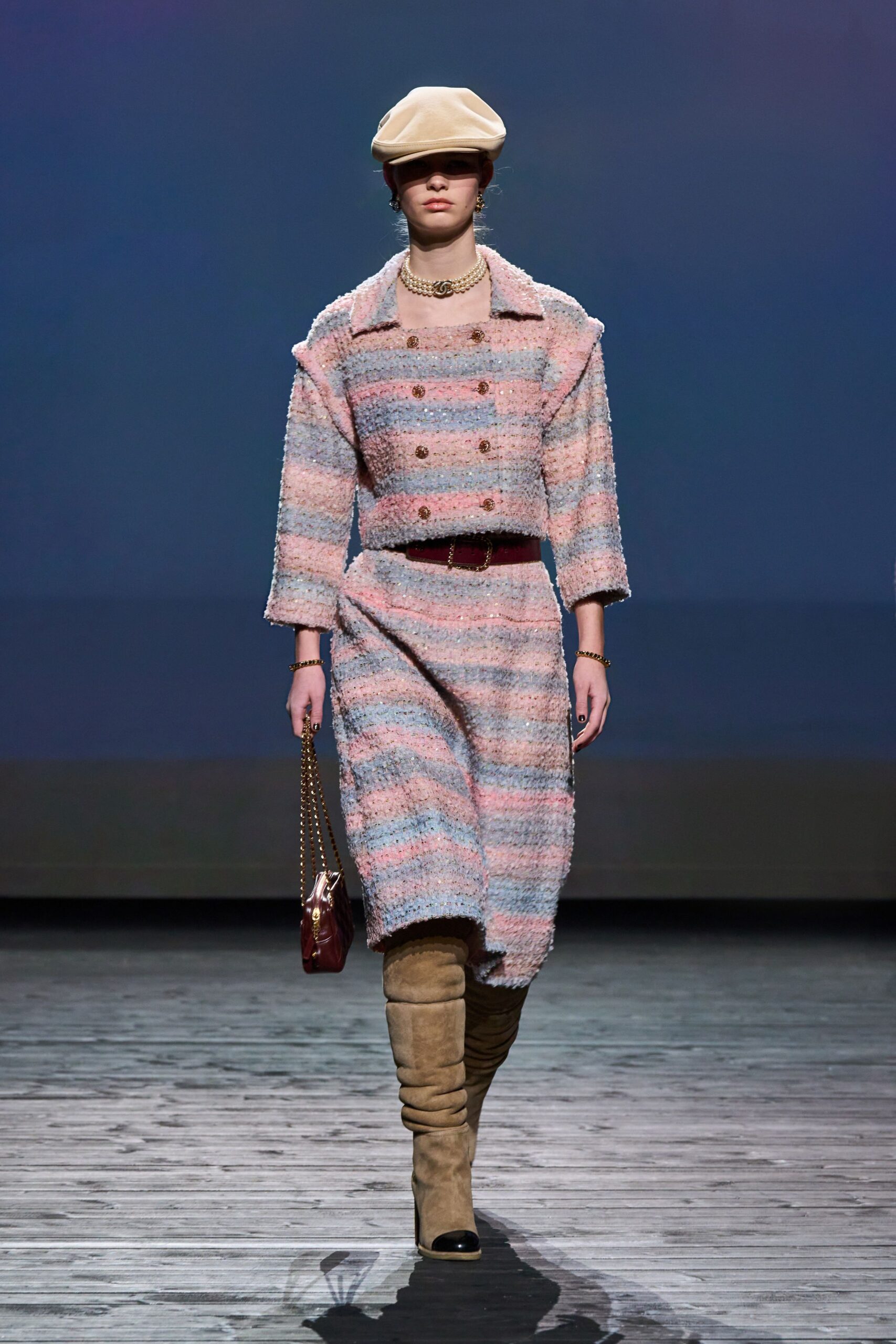 pink and blue tweed blazer and skirt