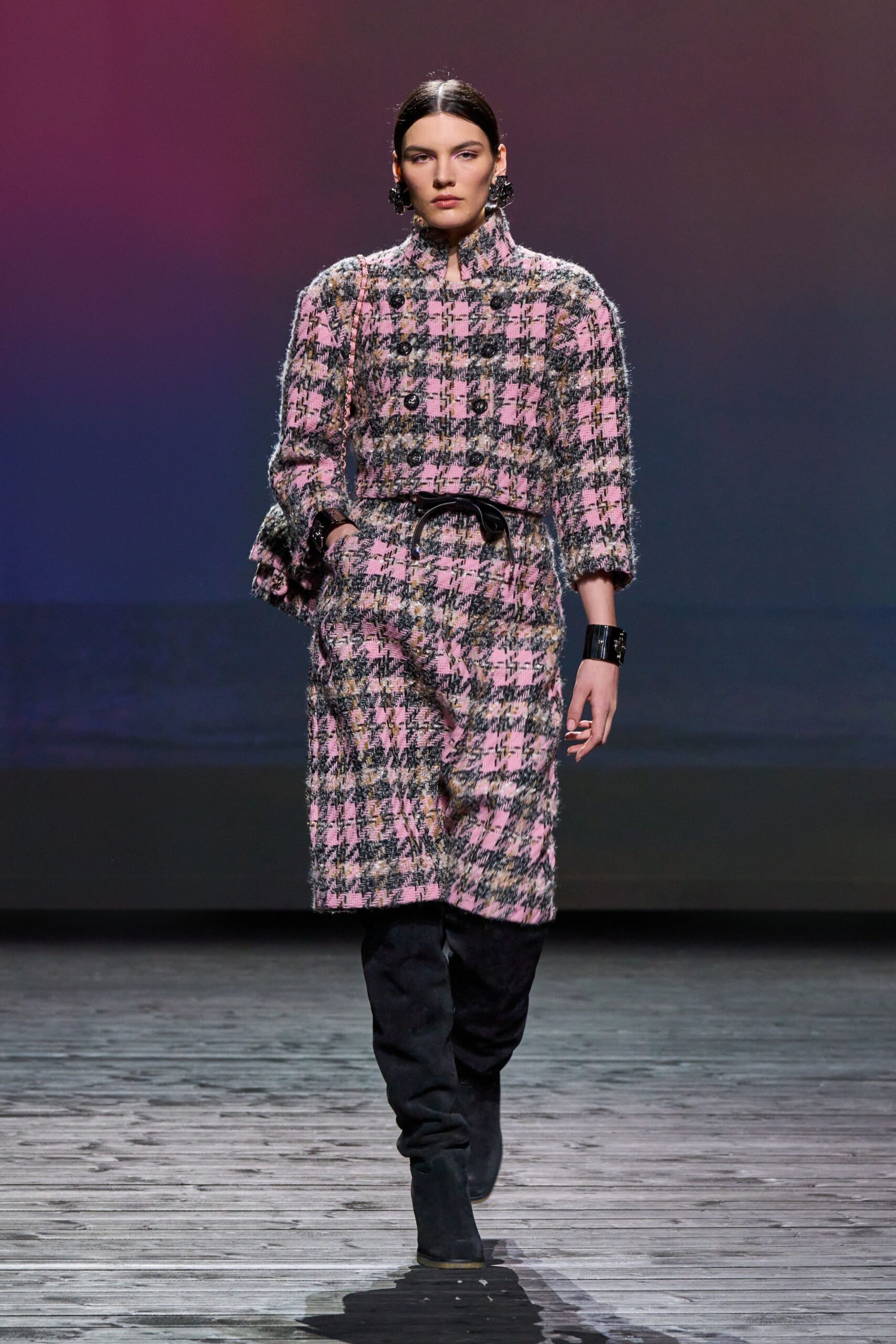 pink tweed midi coat with black boots