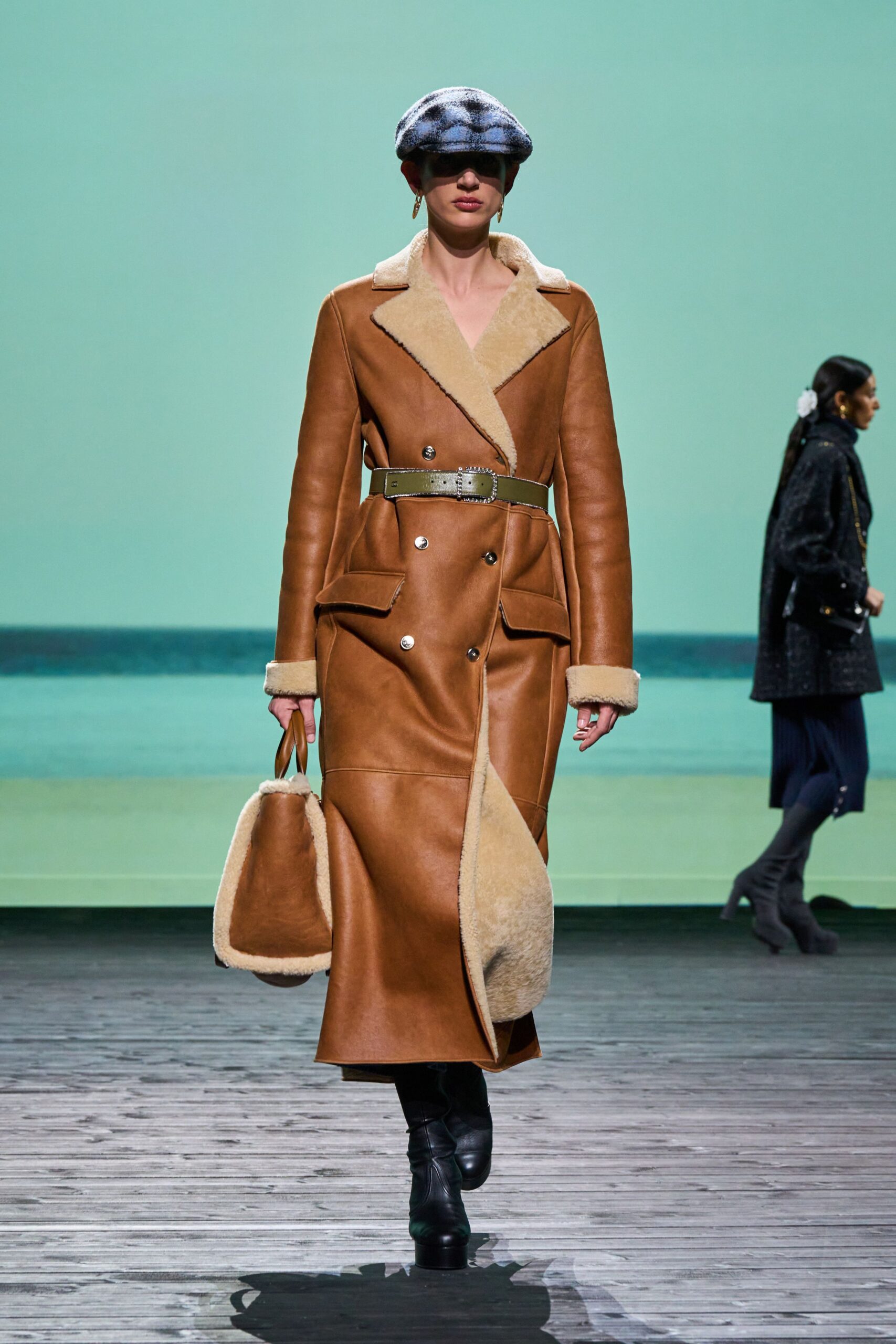 brown leather coat with accessories
