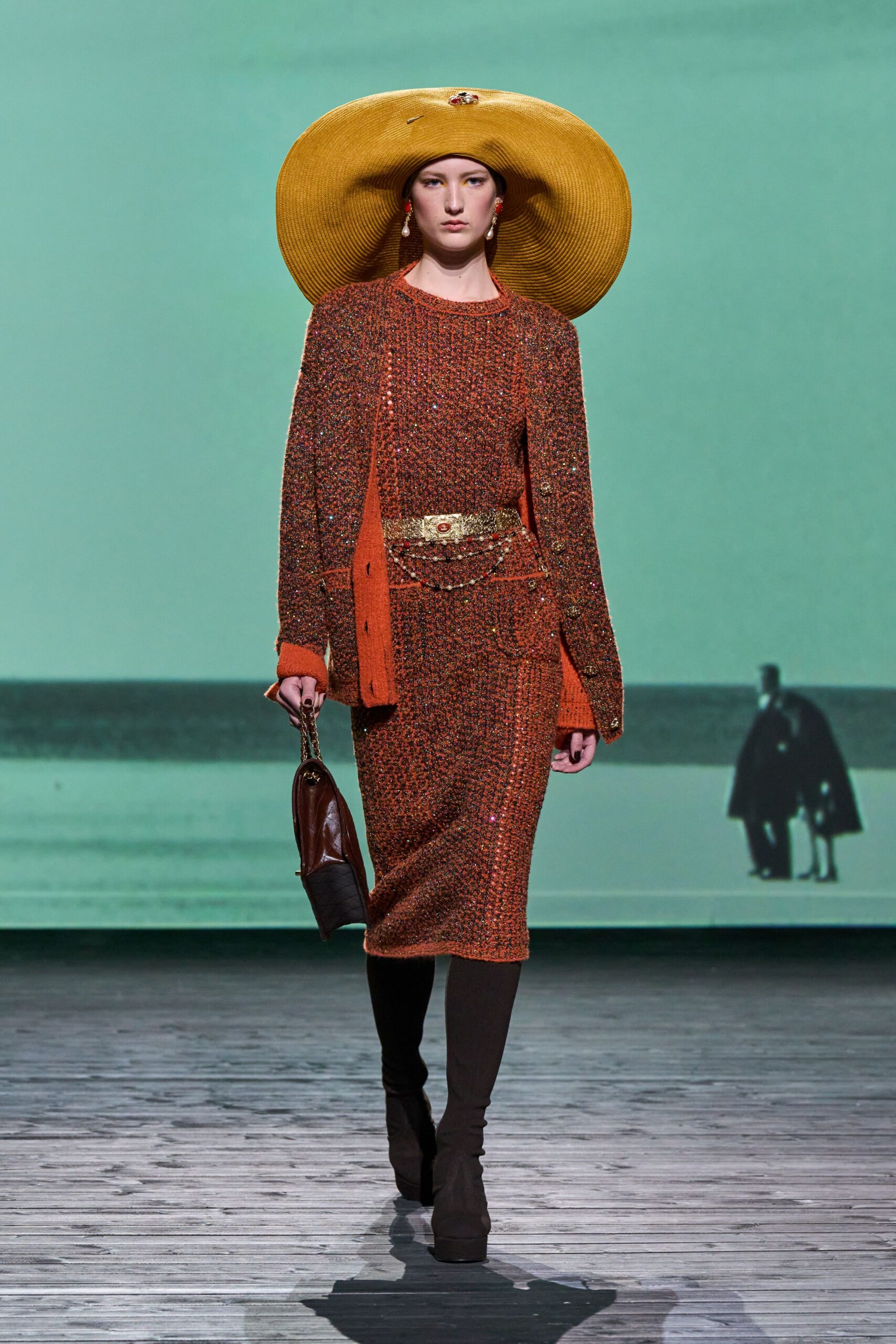 orange wool fitted skirt and top