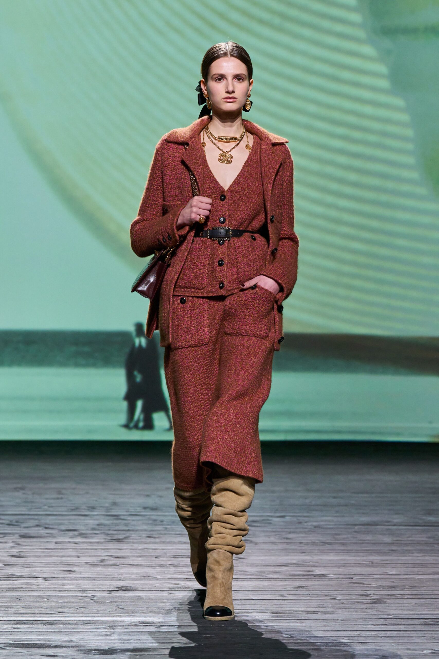 red tweed coat and brown dress