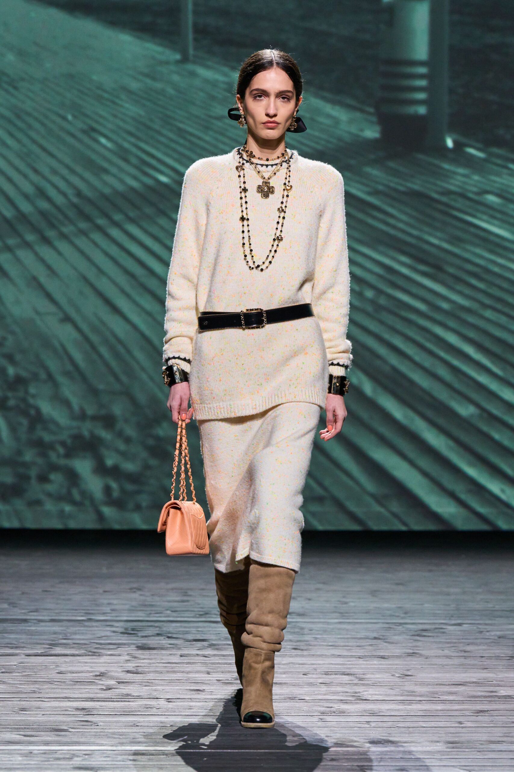 beige wool midi dress with belt