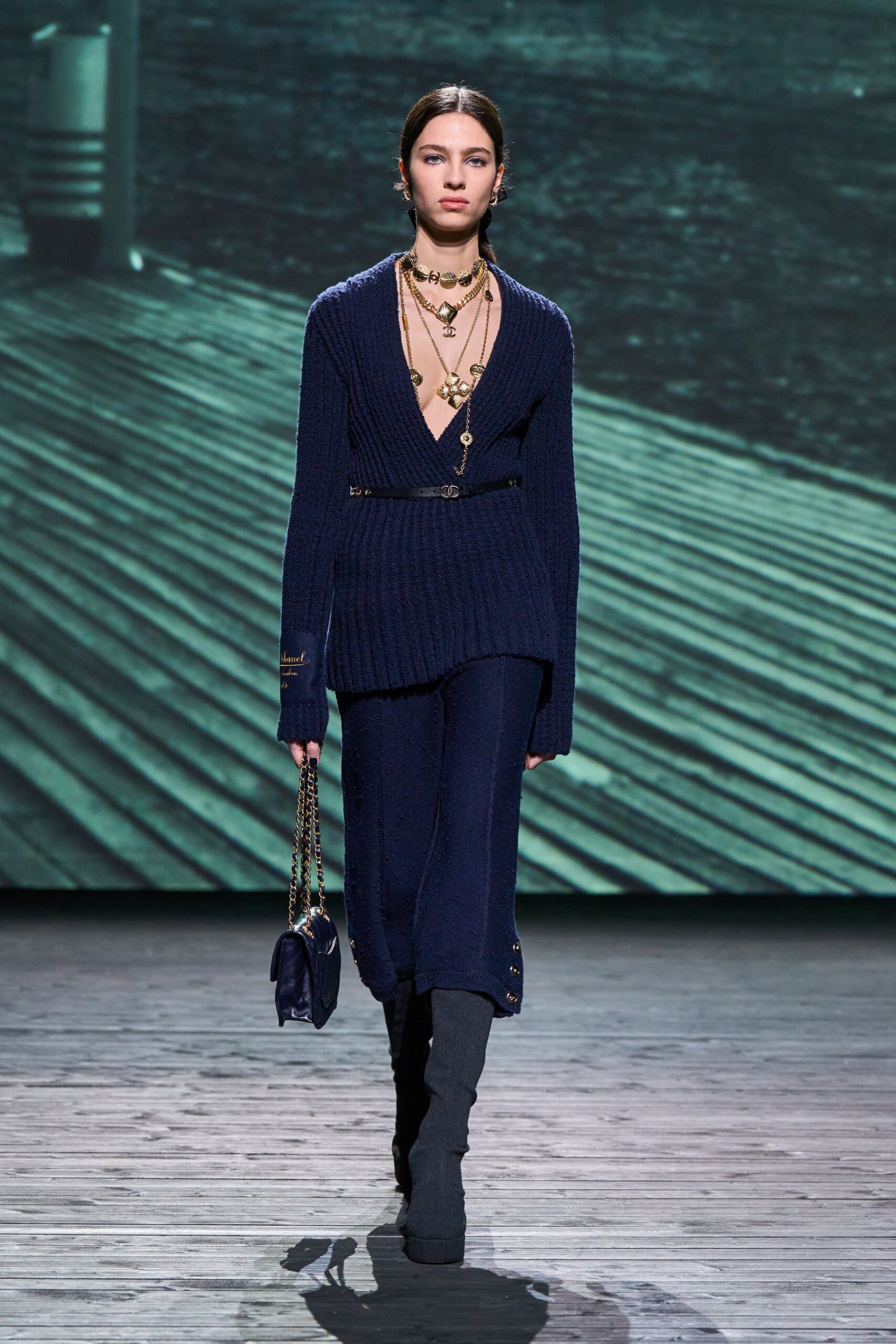 blue knit sweater and skirt