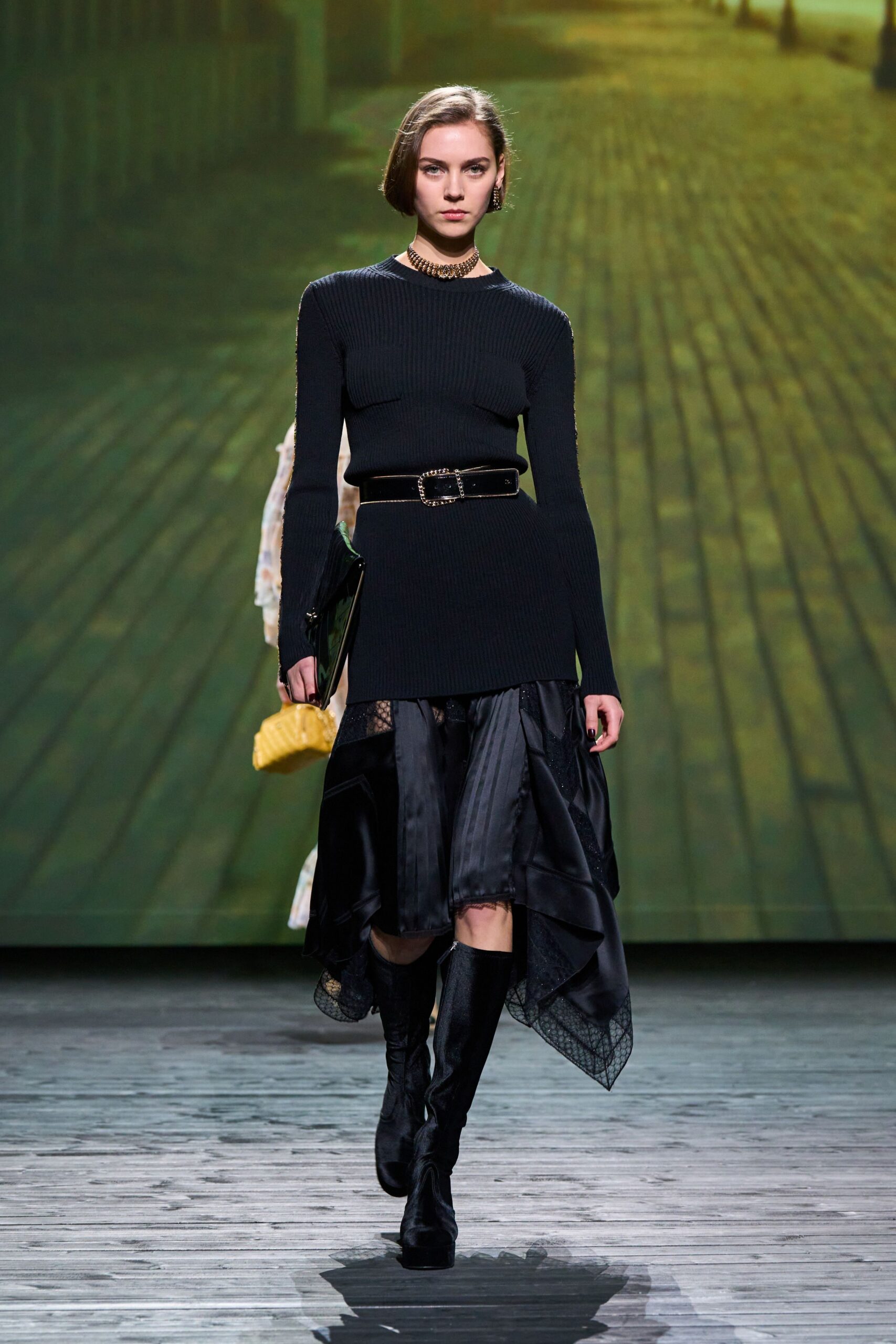 black knit top with layered skirt
