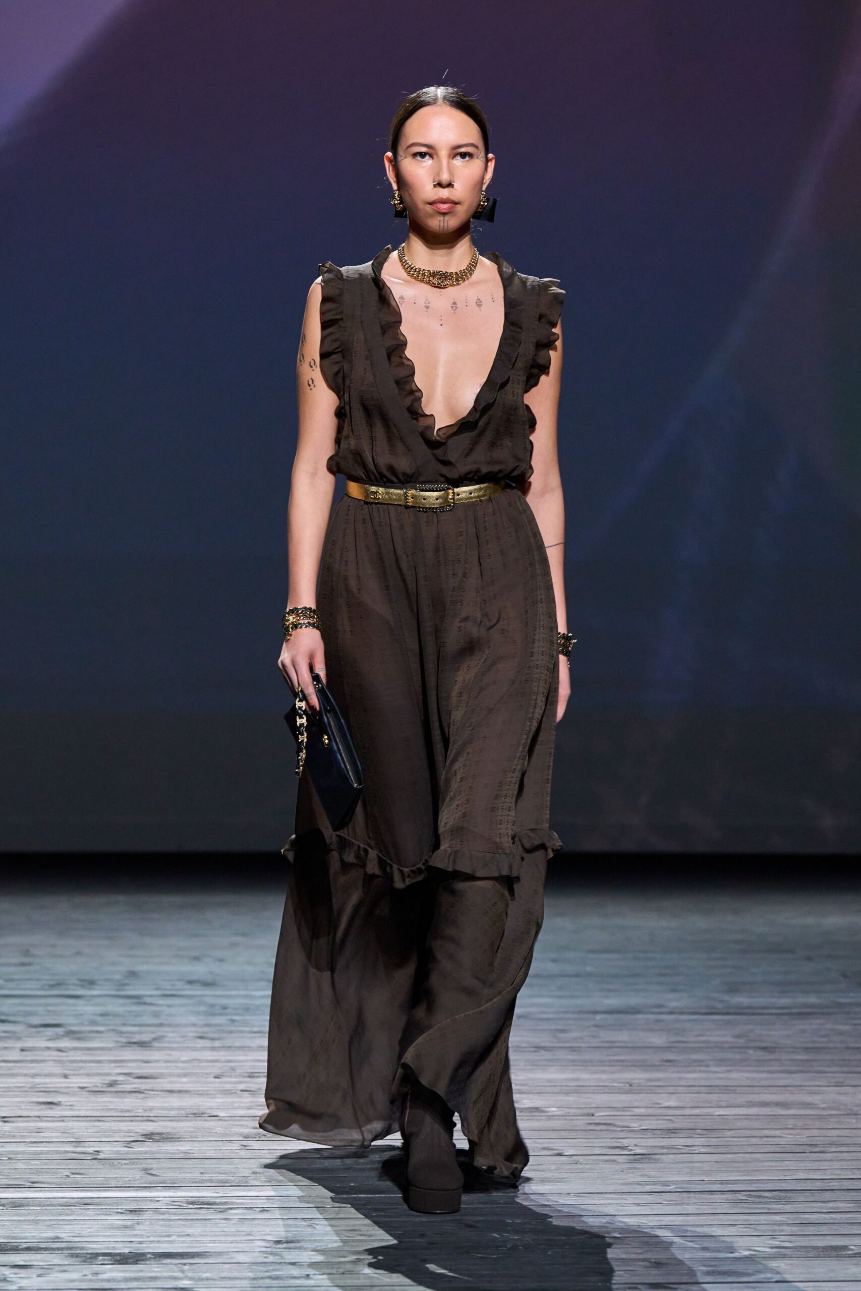 black silk sleeveless v-neck fitted ruffled flowing jumpsuit