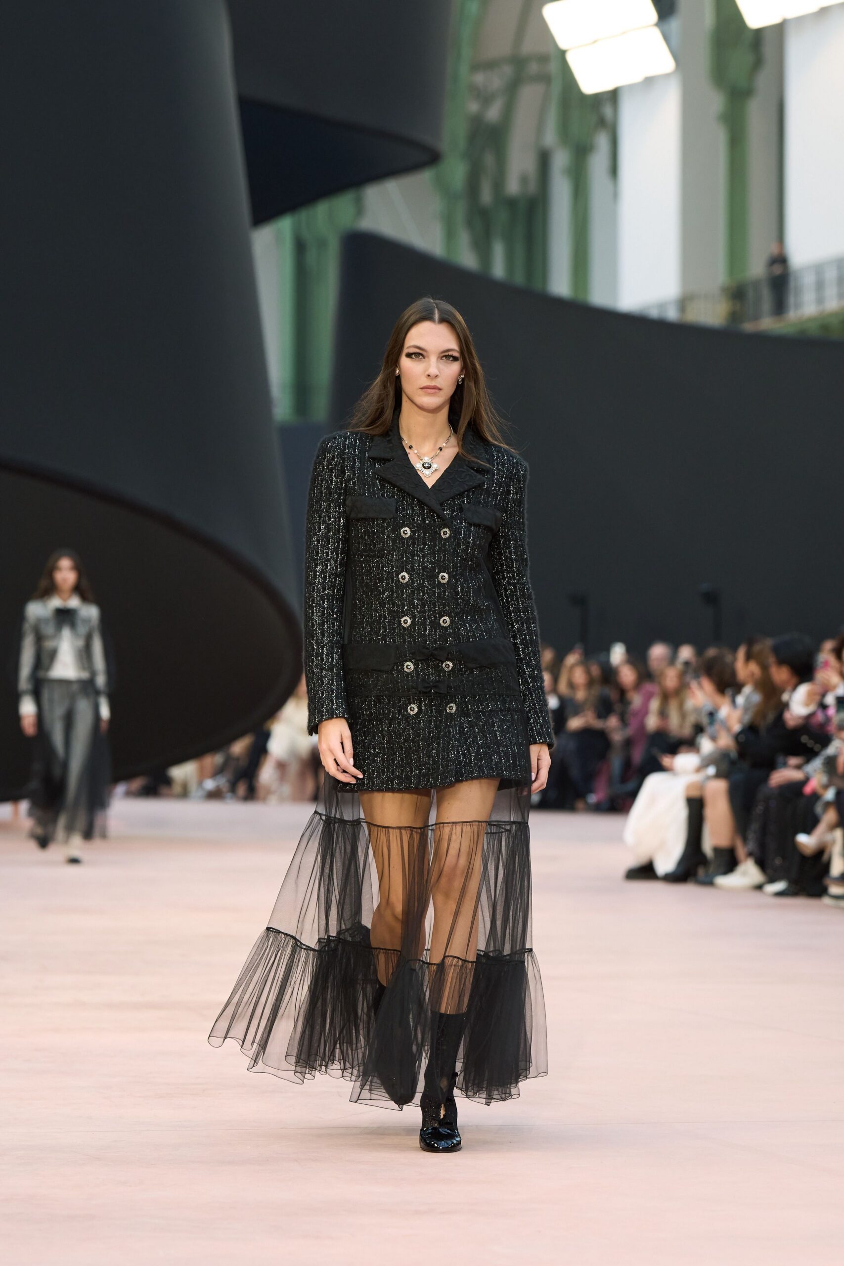 black silk long-sleeve collared fitted buttoned layered dress
