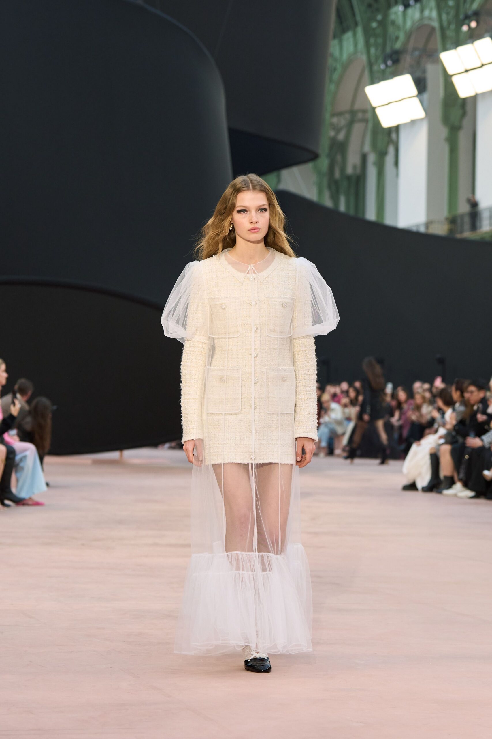 white tulle long-sleeve collared fitted pleated layered dress