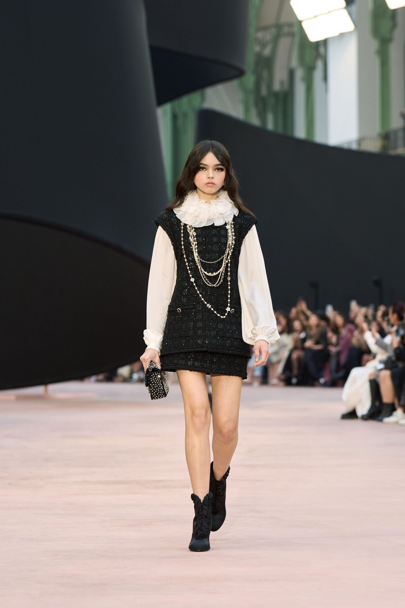 black cotton long-sleeve collared fitted pleated mini dress