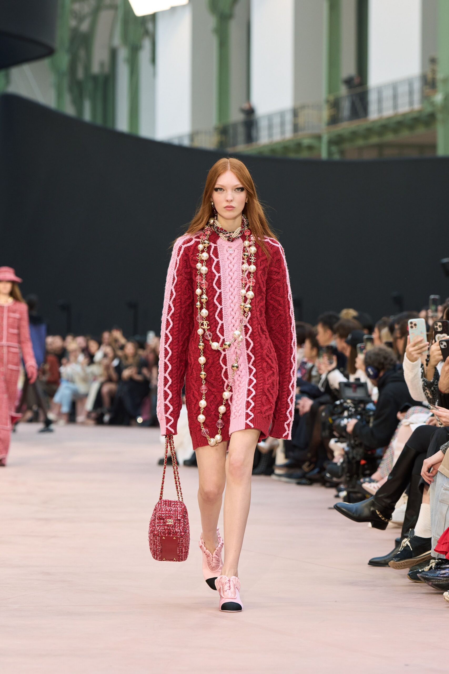 pink wool long-sleeve collared fitted embroidered layered dress