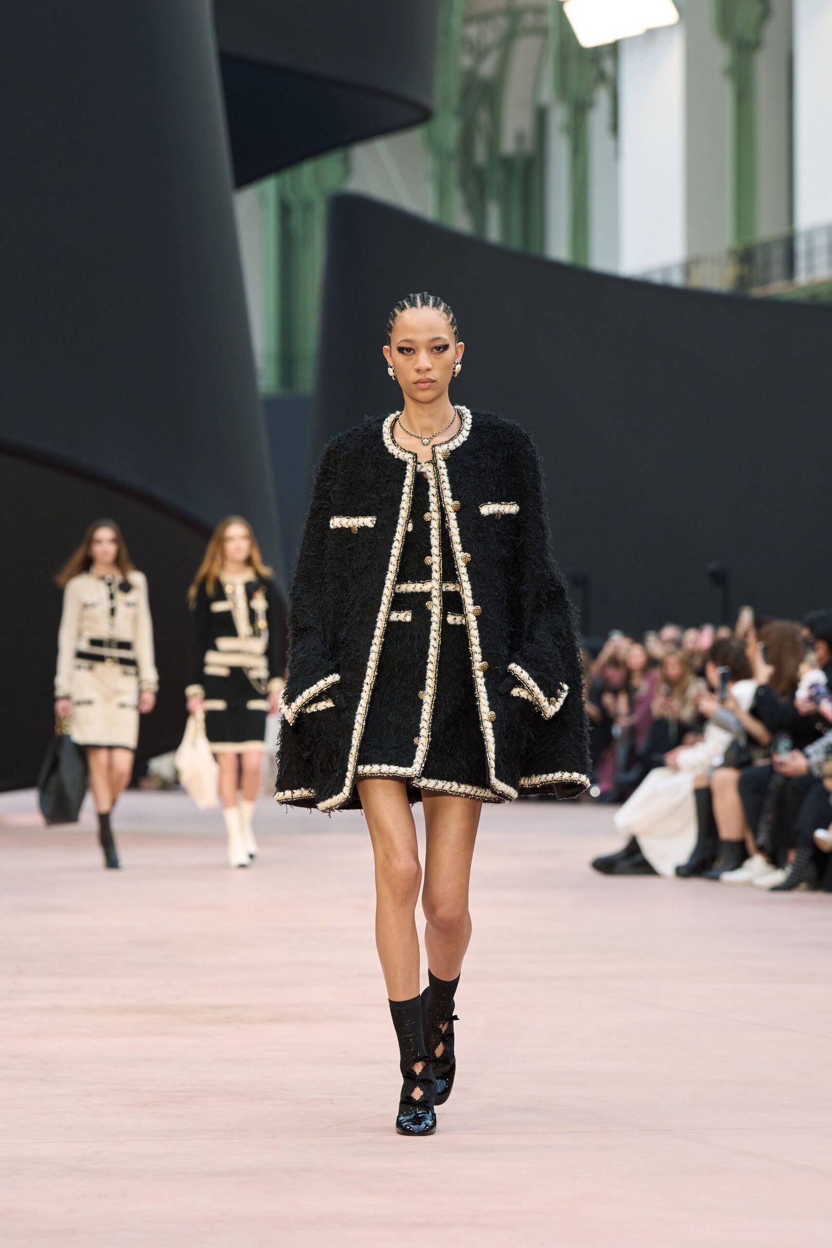 black wool long-sleeve collared fitted buttoned fringed dress