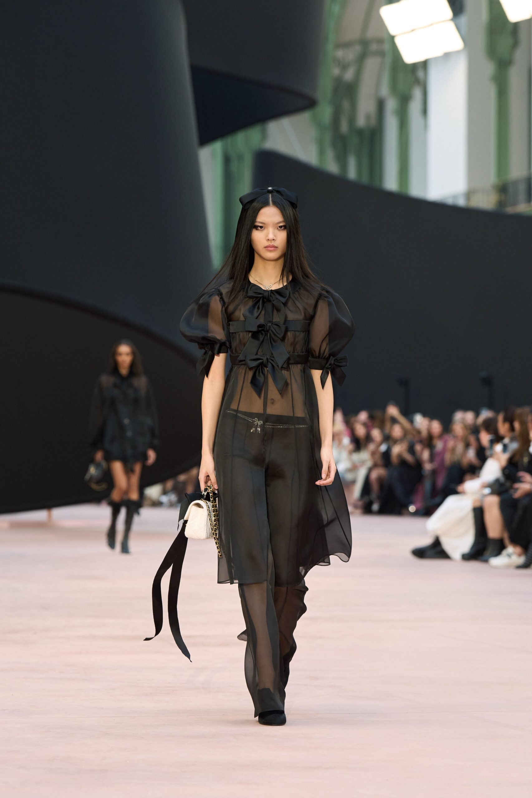 black fitted straight-leg sheer flowing pants
