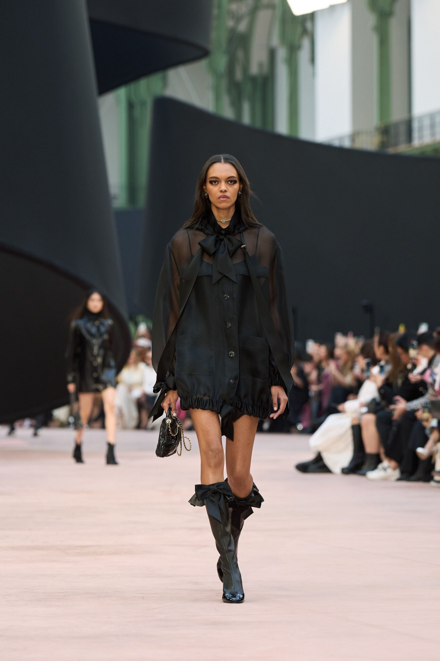 black silk long-sleeve collared fitted ruffled sheer dress