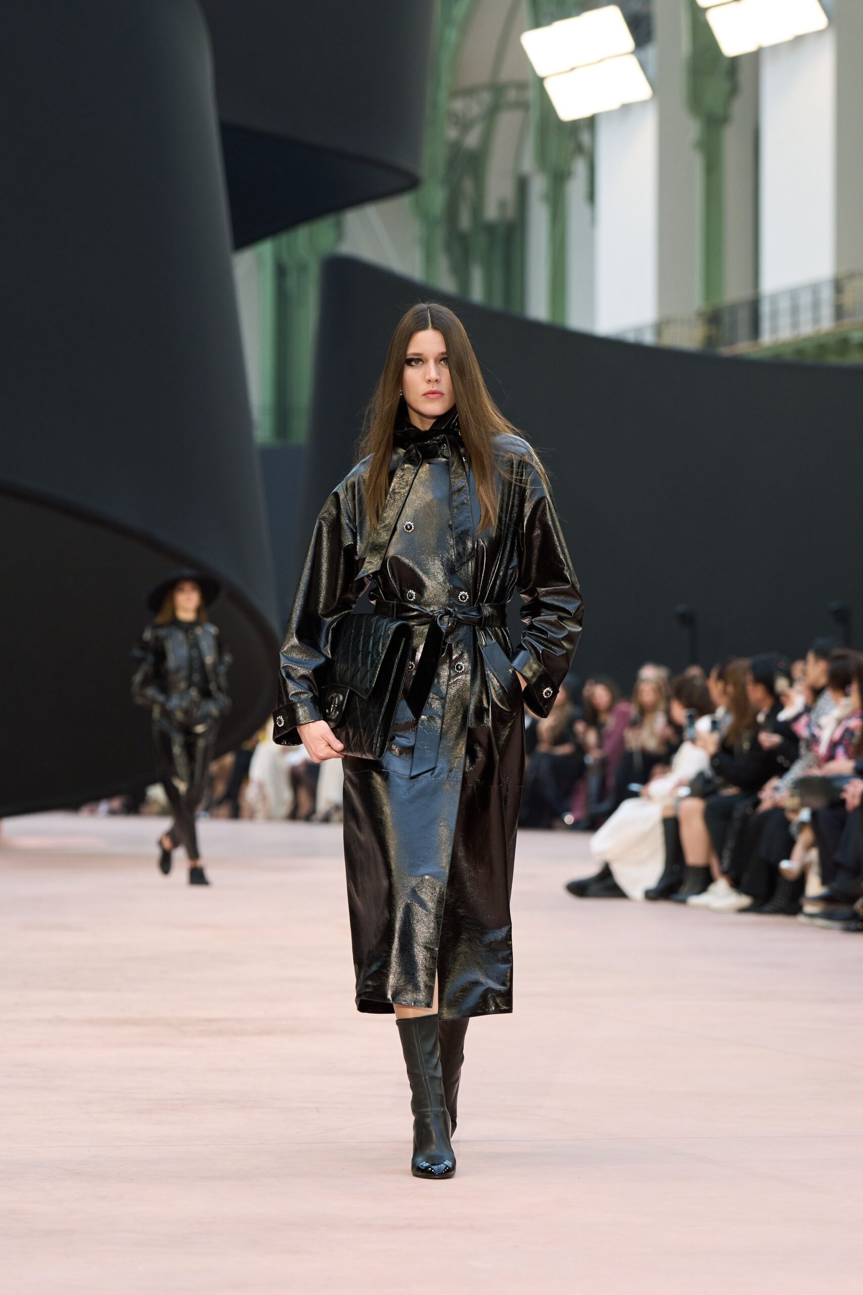 black leather long-sleeve collared fitted belted zippered coat