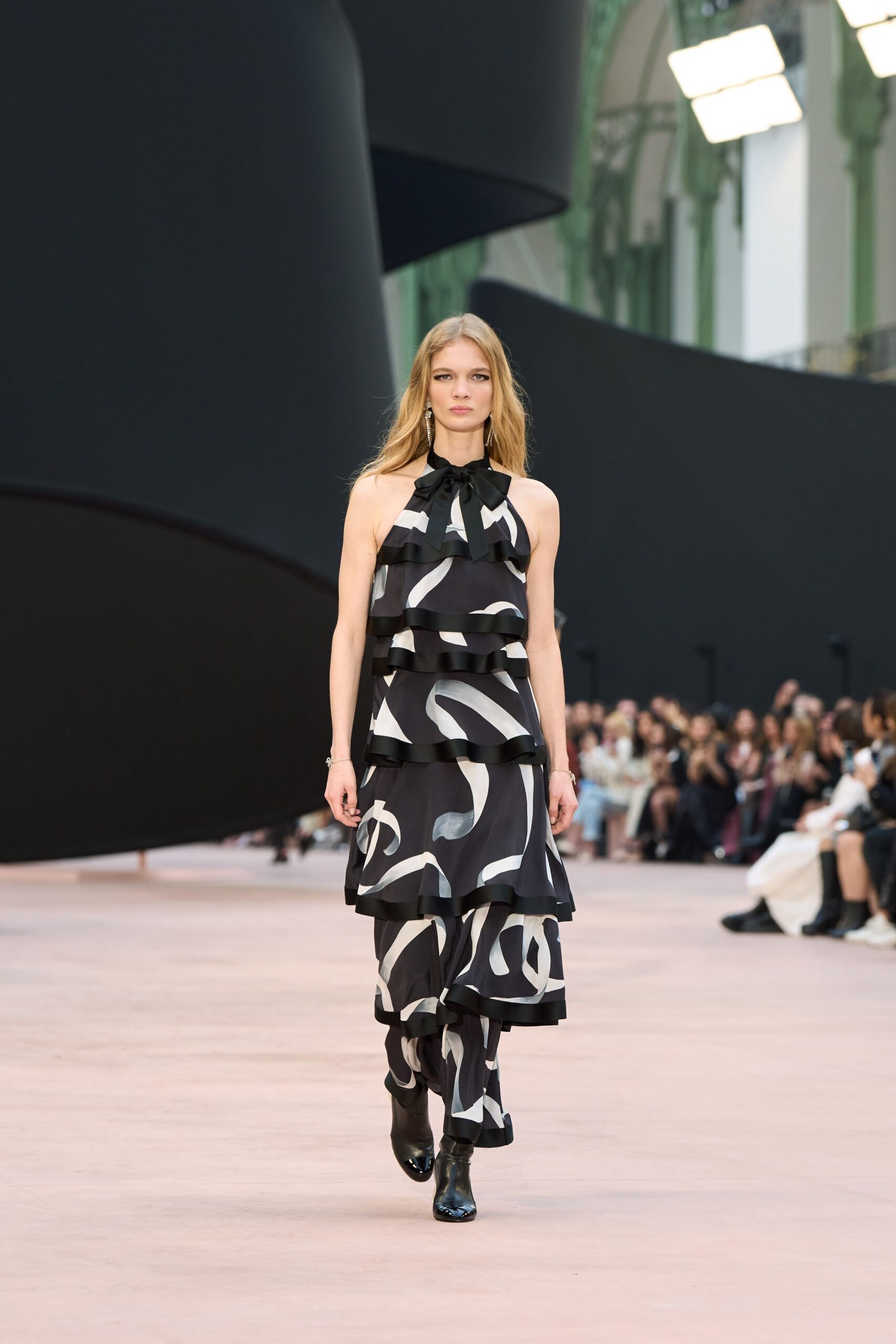 black silk sleeveless high-neck fitted layered printed dress