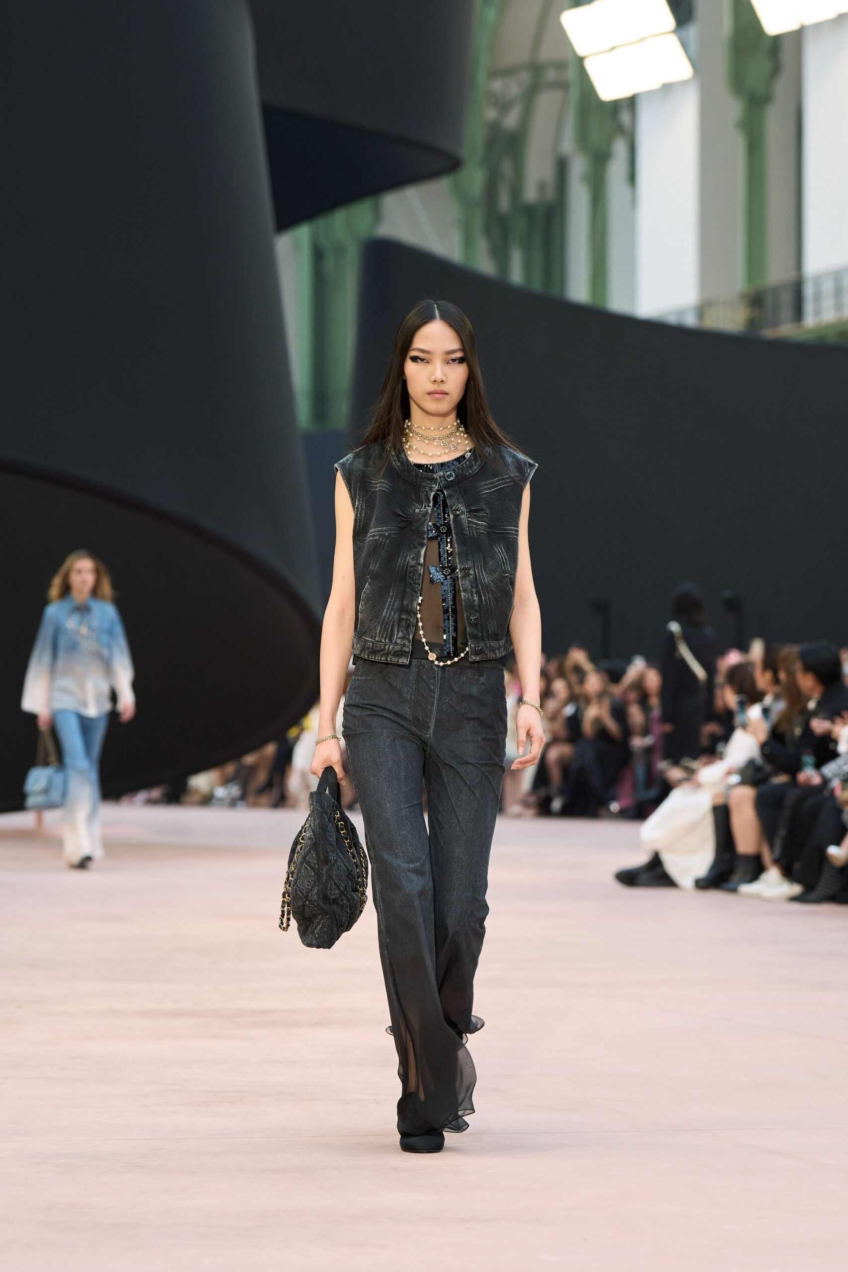 black denim fitted straight-leg pants