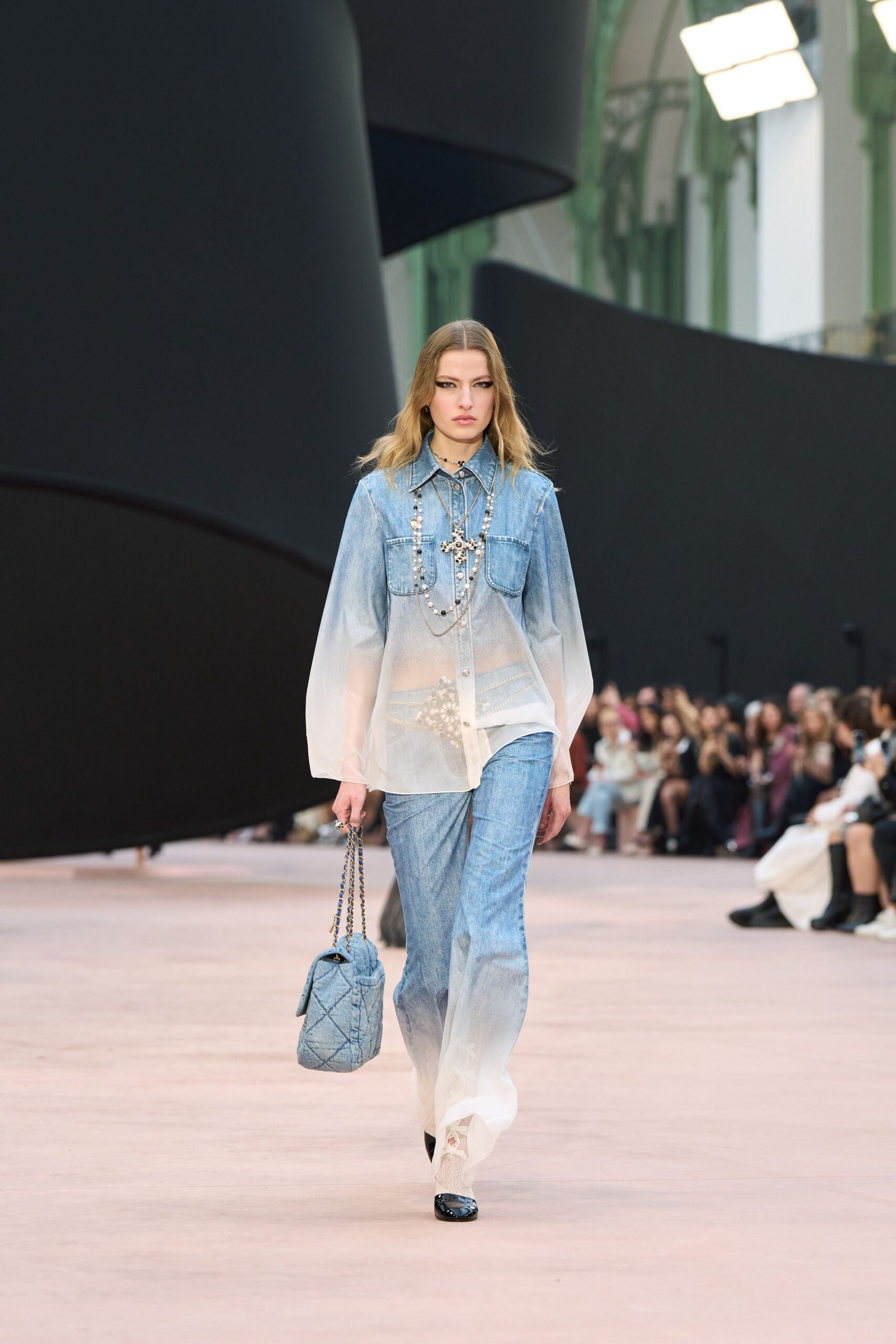 blue denim long-sleeve collared relaxed layered sheer shirt