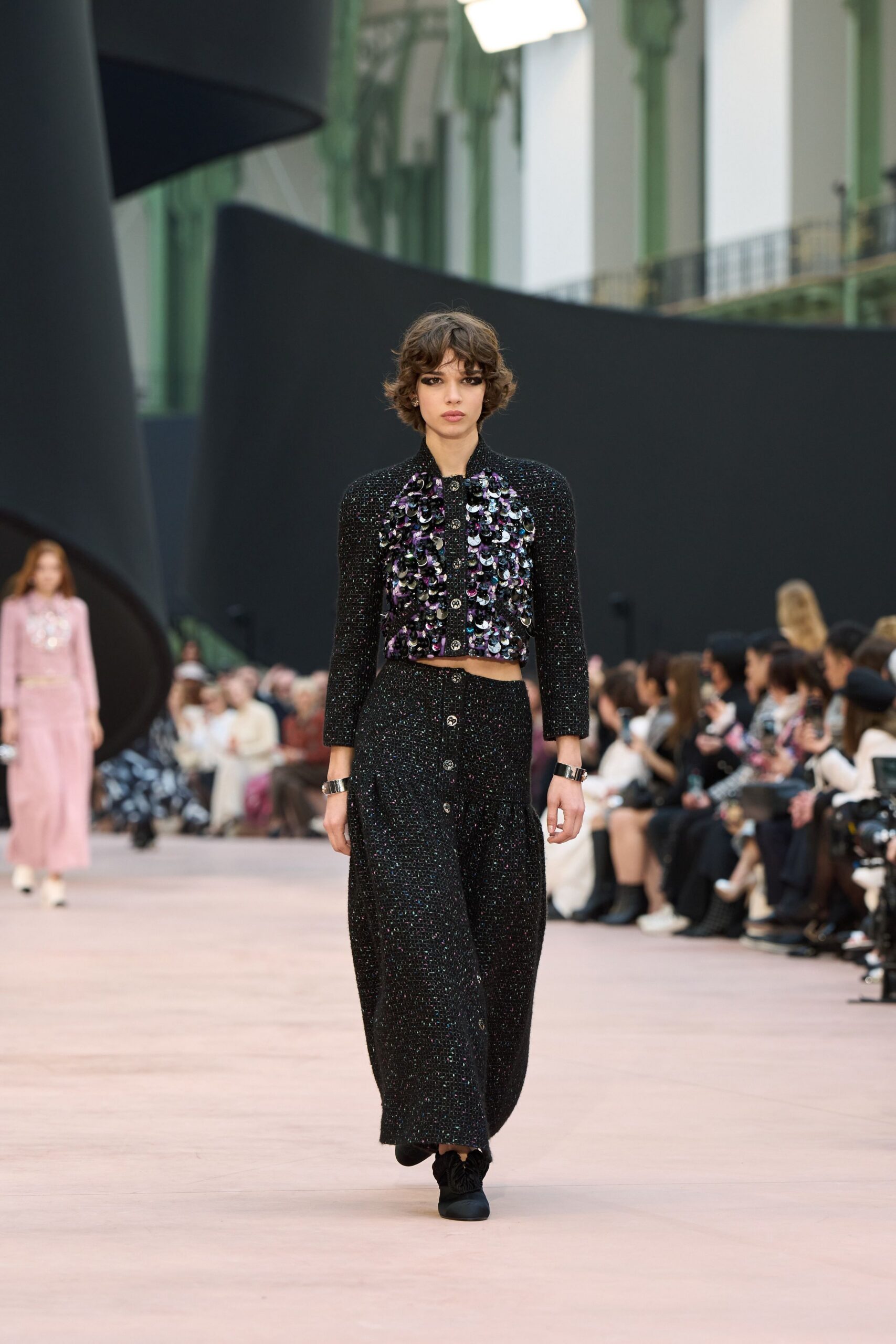 black silk long-sleeve collared fitted embroidered buttoned top