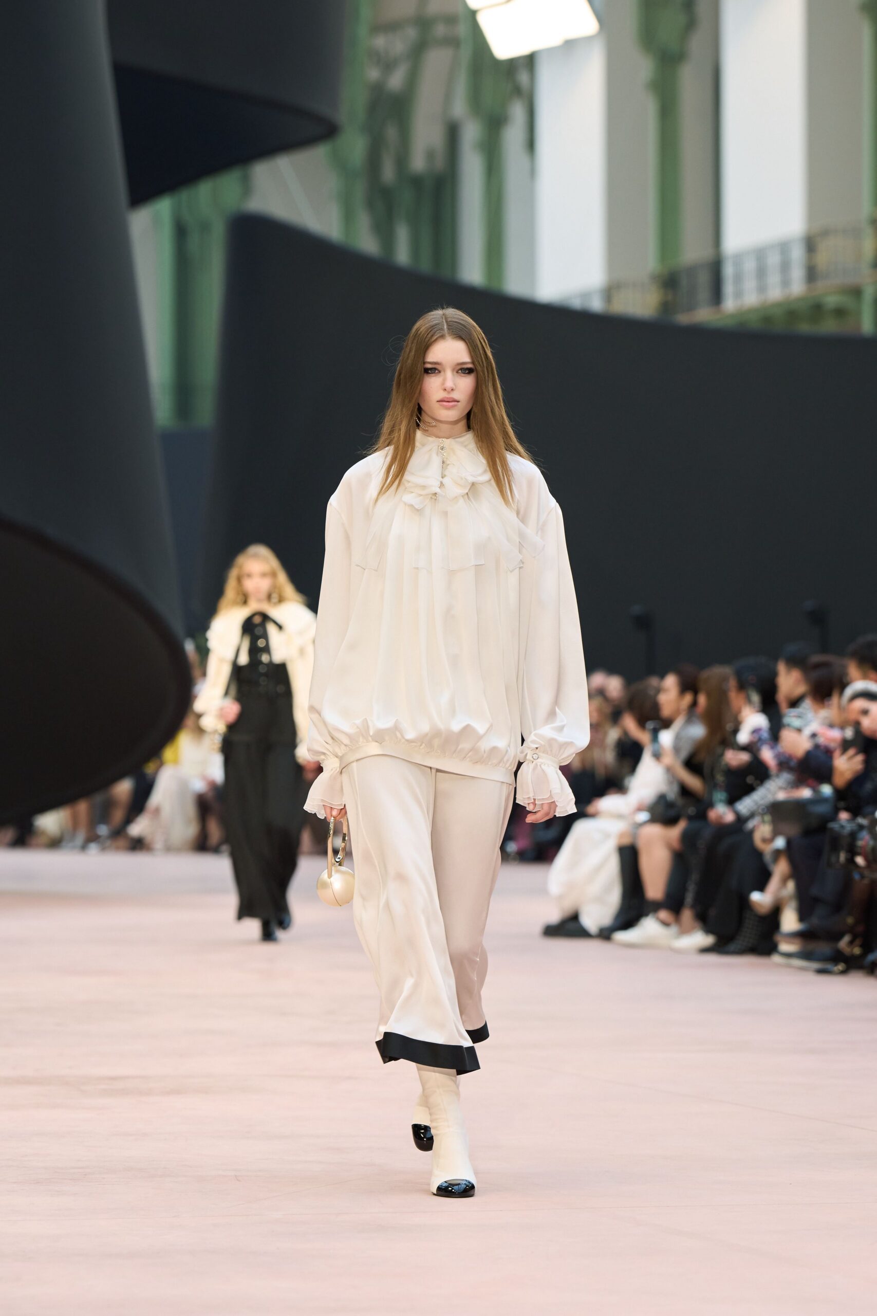 white silk long-sleeve high-neck relaxed ruffled blouse