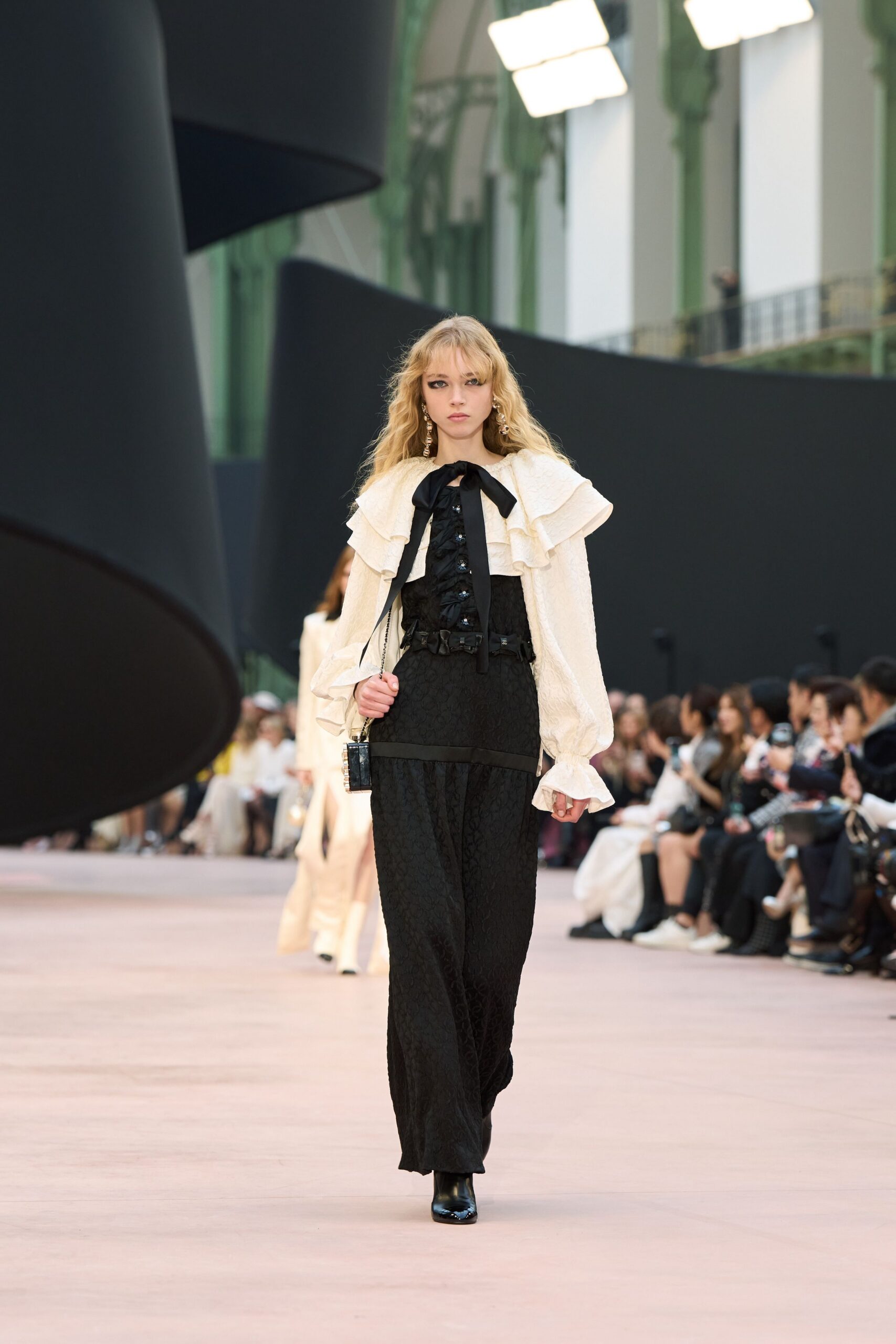 black cotton long-sleeve collared fitted pleated maxi dress