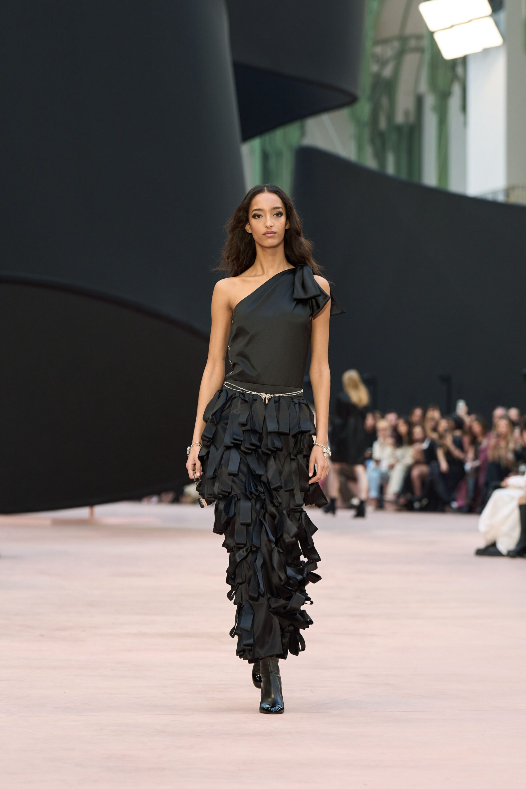 black silk sleeveless asymmetric fitted ruffled top