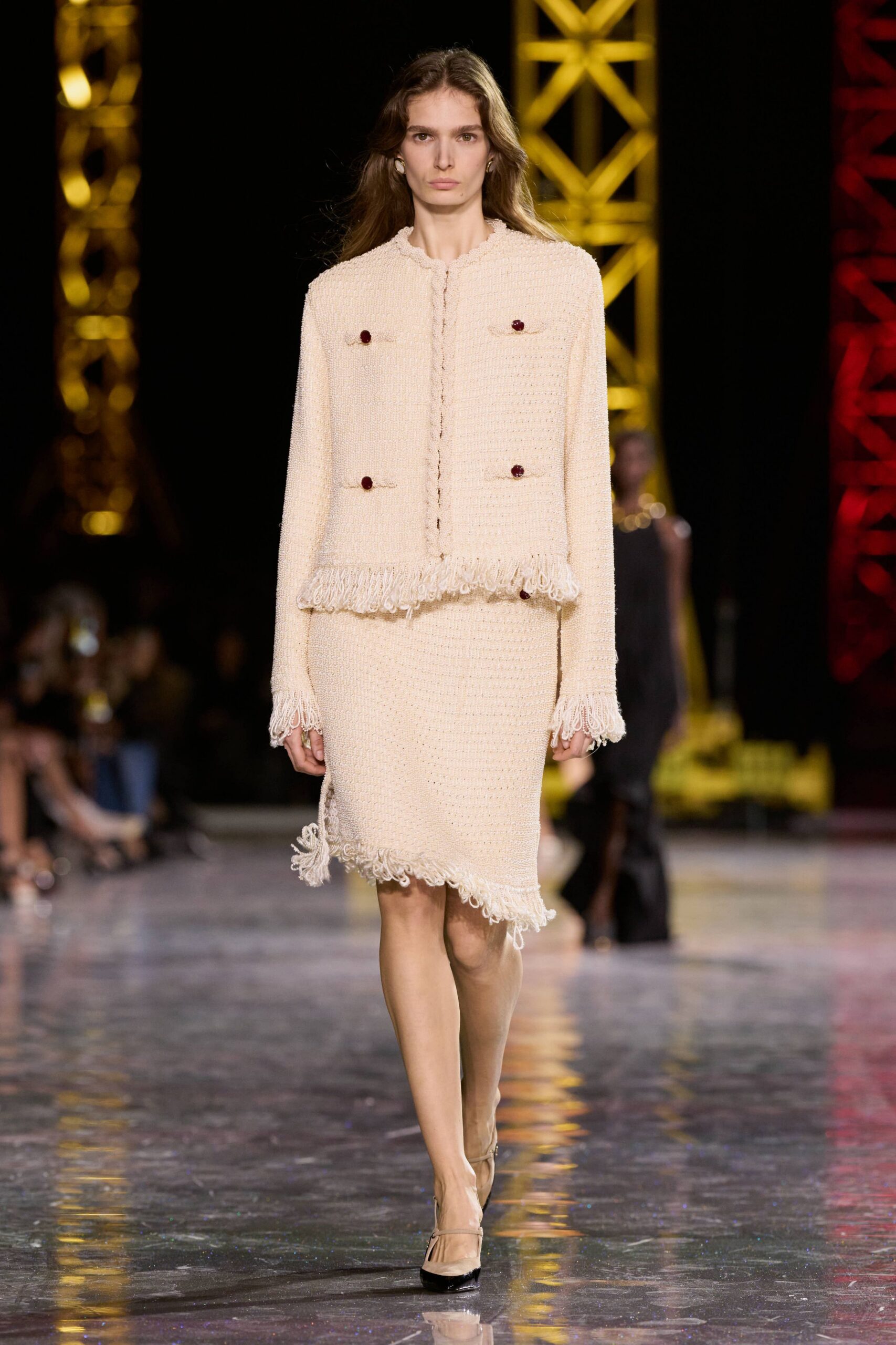 beige tweed long-sleeve collared tailored buttoned fringed jacket