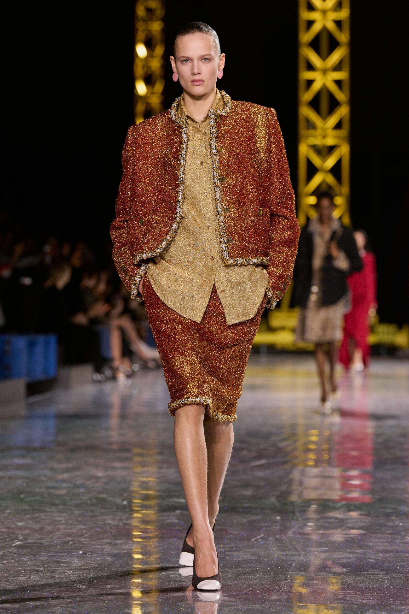 orange silk long-sleeve collared fitted zippered embroidered jacket