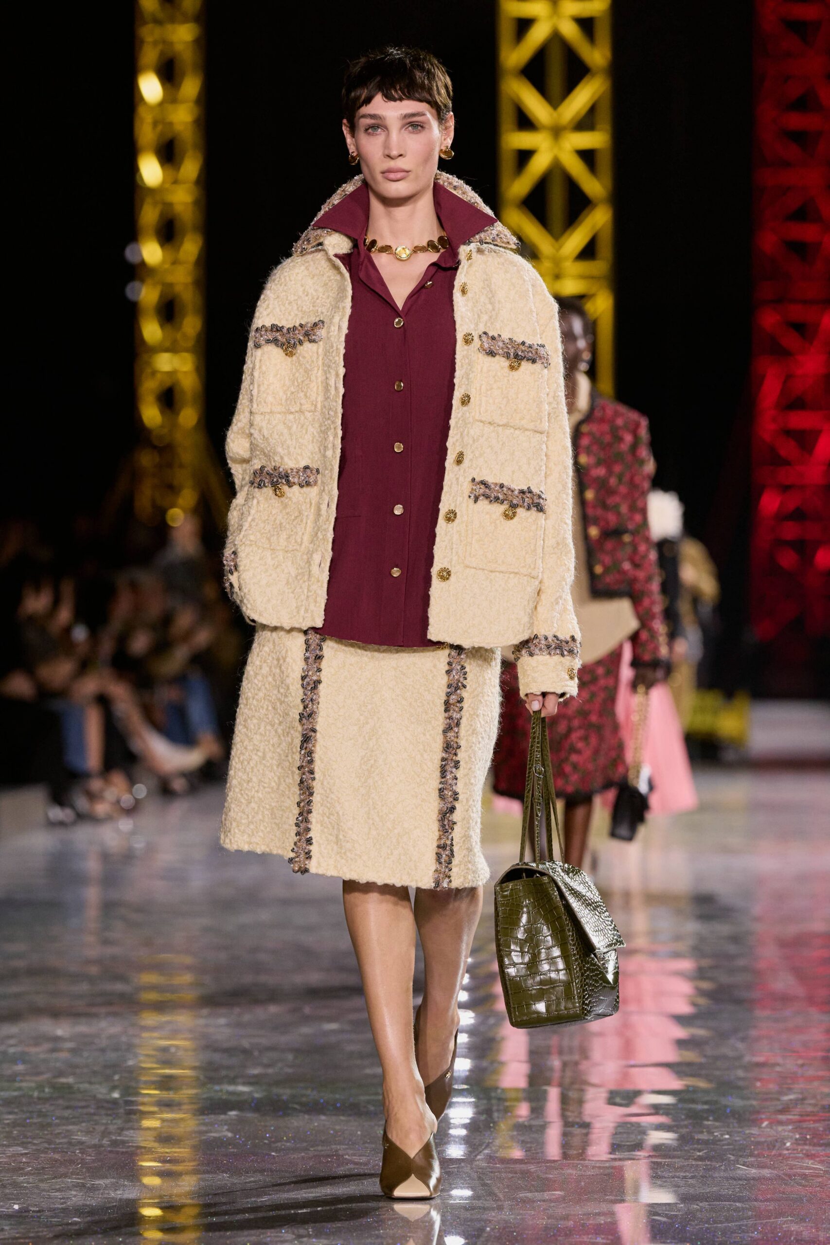 beige tweed long-sleeve collared structured buttoned jacket
