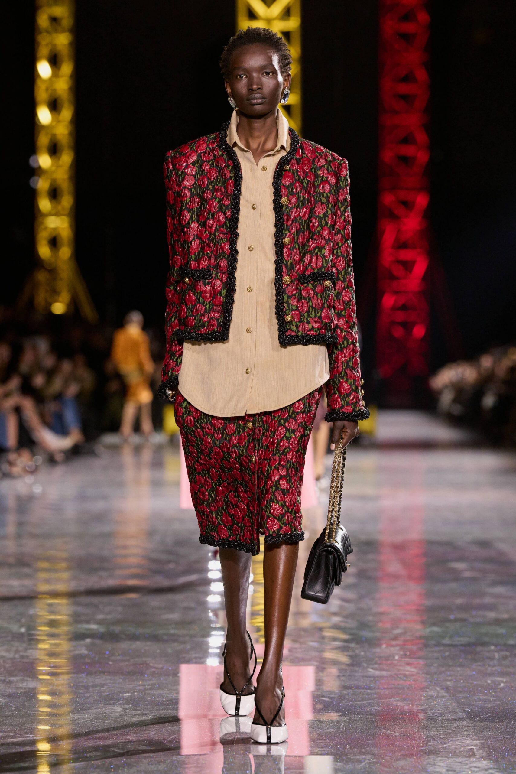 red cotton long-sleeve collared structured embroidered blazer