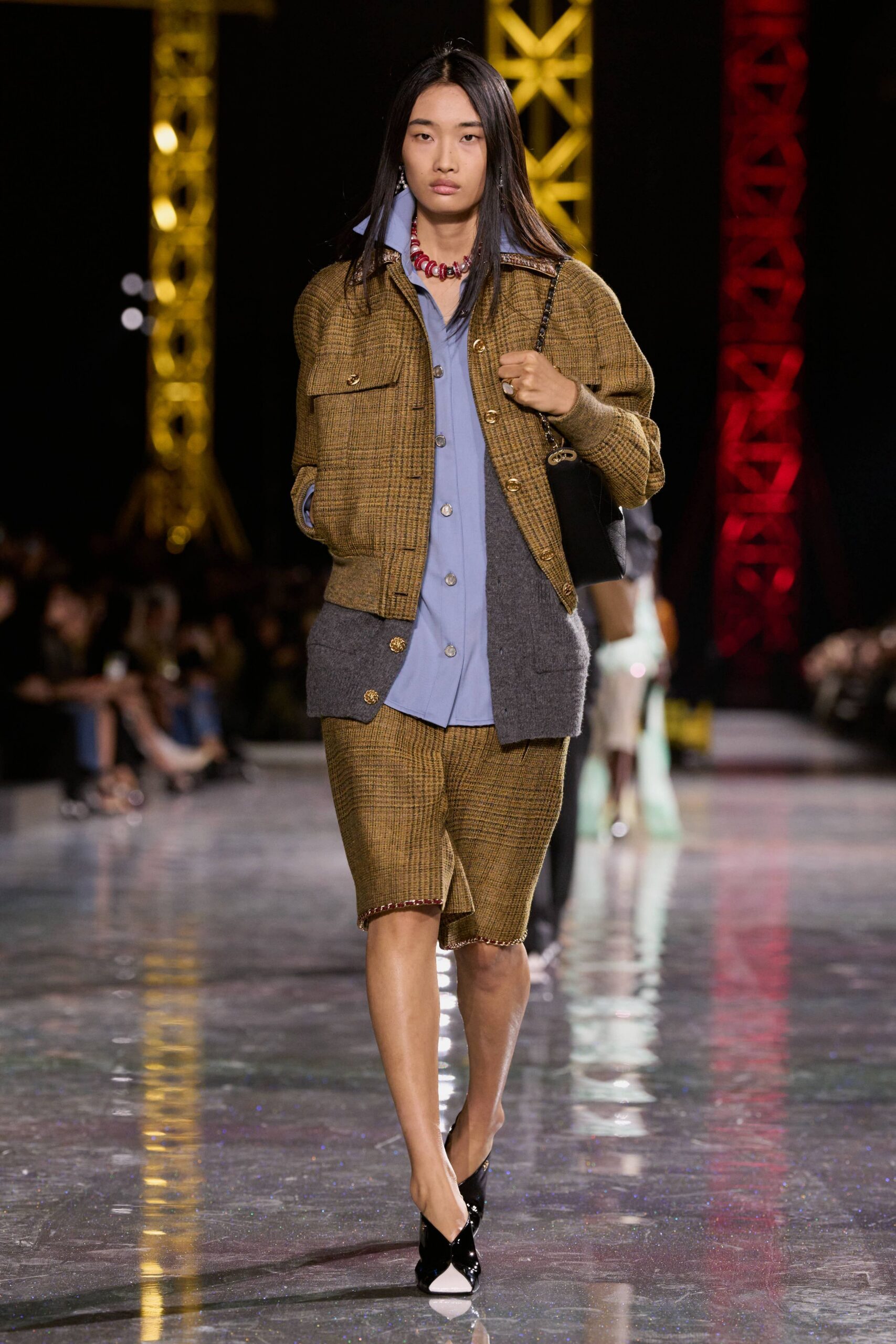 brown cotton long-sleeve collared relaxed checked buttoned jacket